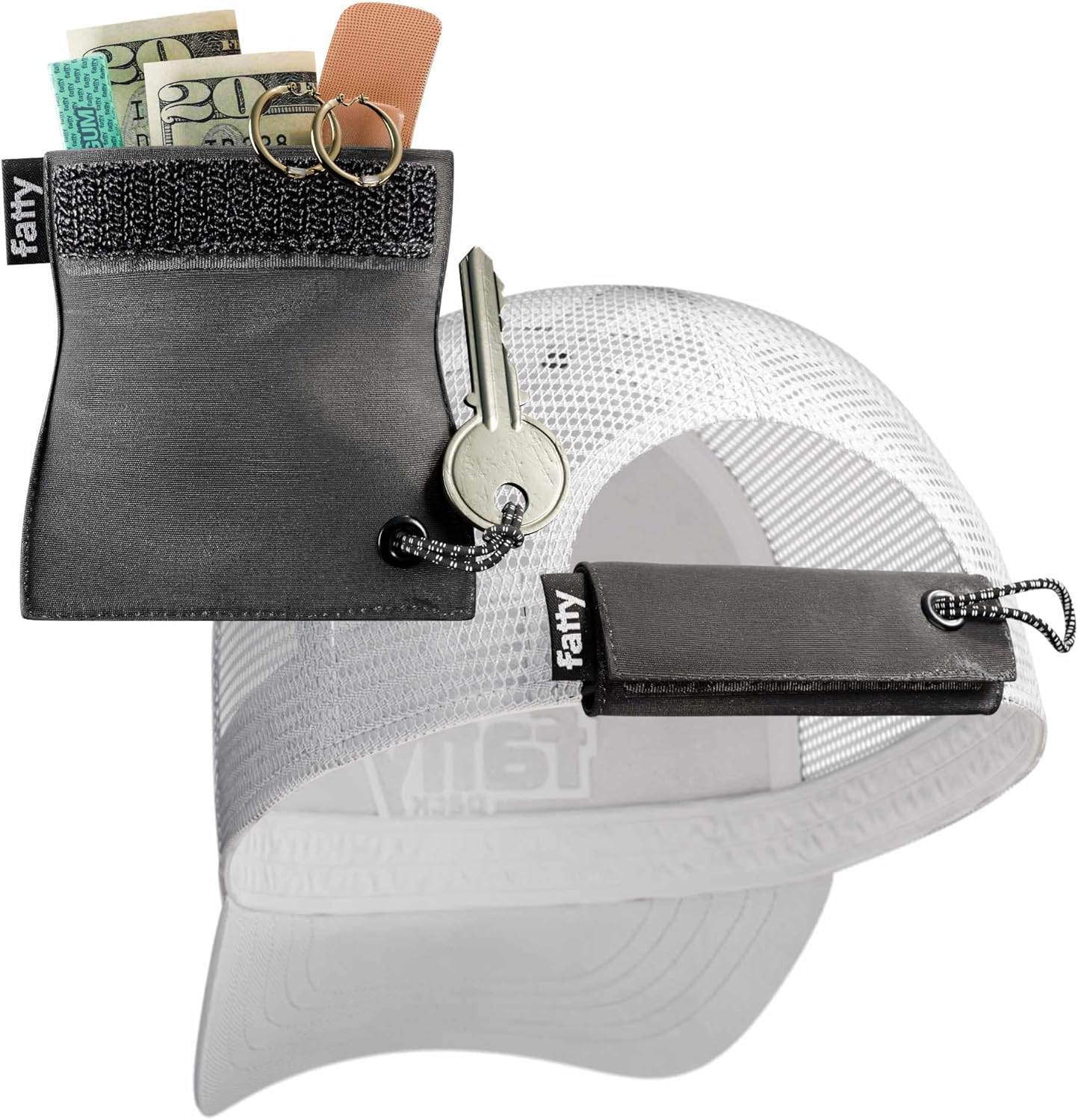 FATTYPACK a Fanny Pack for Your Hat - Attachable Storage Pocket for Hats - Store Cash, Medicine, Gum, Keys, Pencils, Pens, Golf Tees, Glasses, Etc. - Wallet, Money Bag, Pouch (Black/Black)