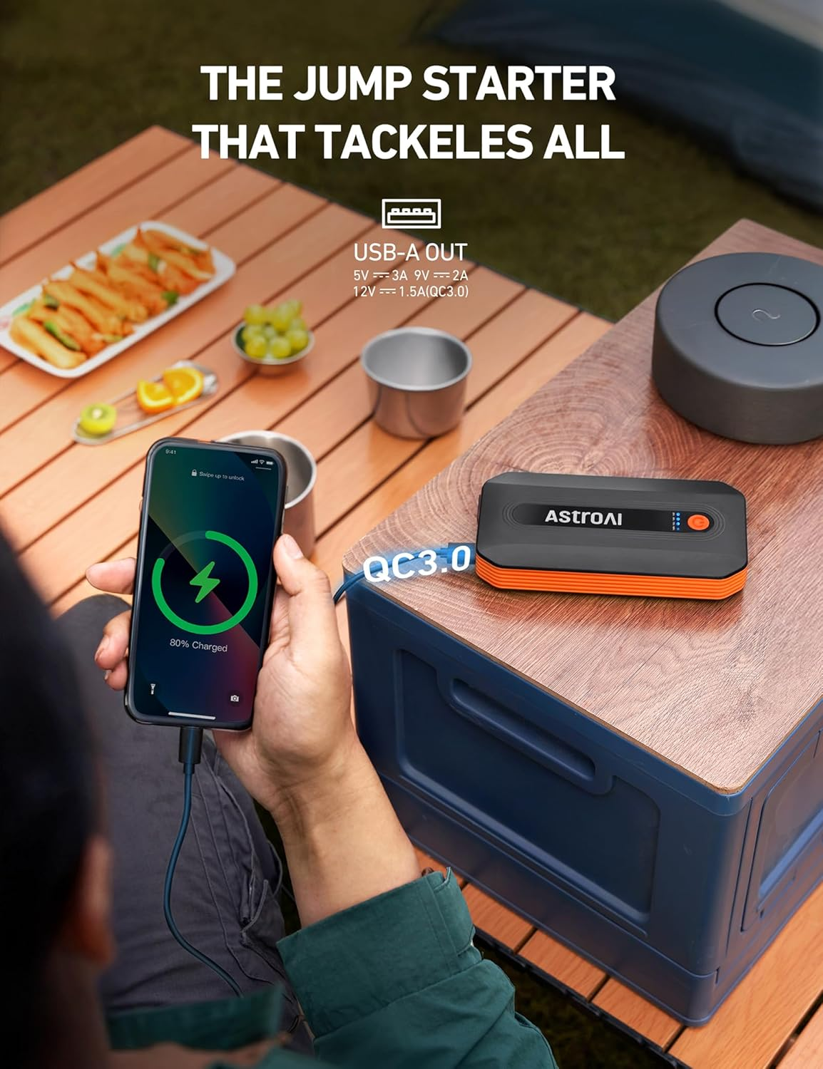 Astroai Car Battery Jump Starter Power Bank 2000A for 12V Vehicles (7.0L Petrol / 5.5L Diesel) and Moto, Portable Car Battery Charger, Smart Car Jump Pack with Smart Battery Clamps & LED Torch, Orange