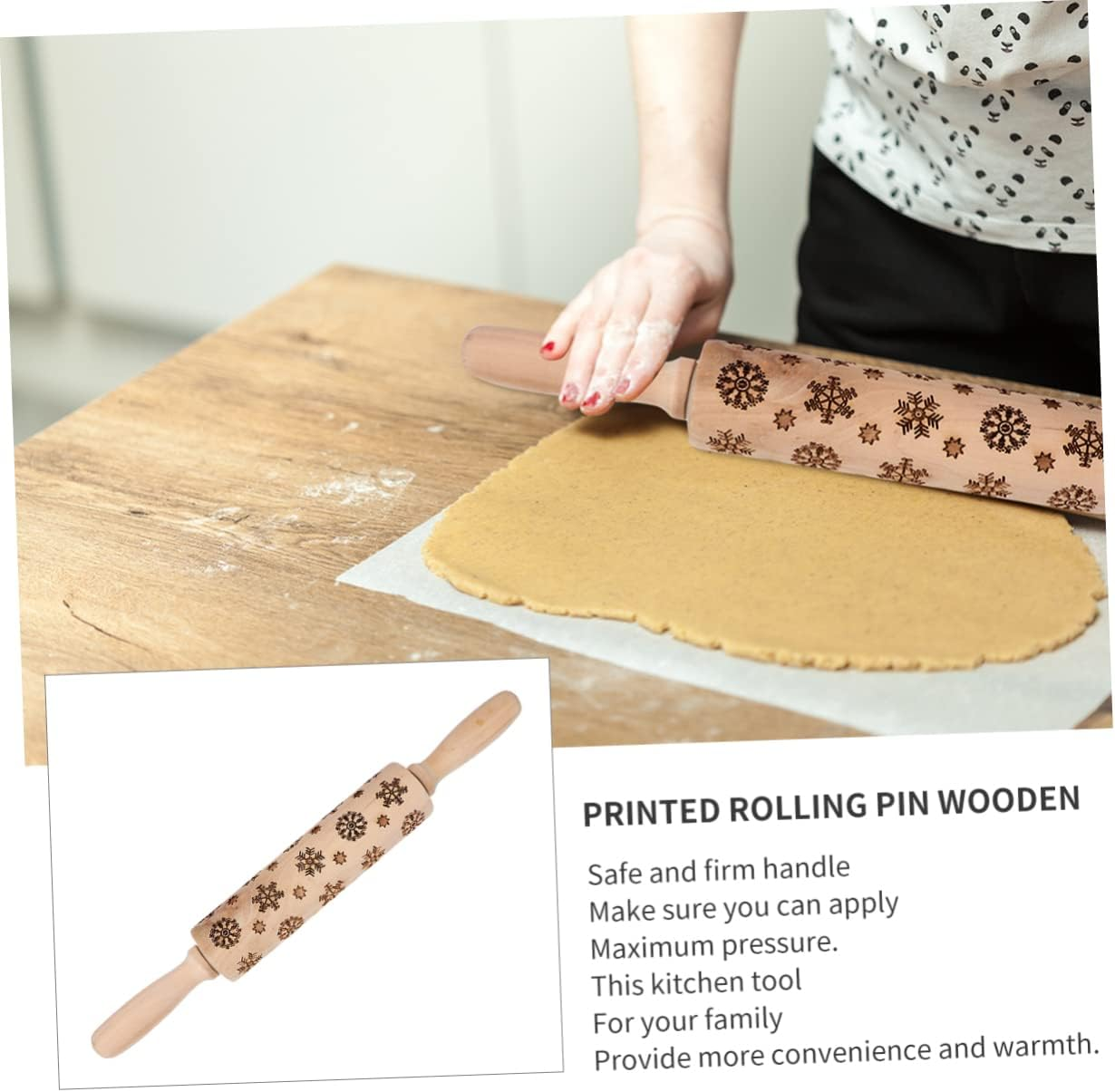 Wooden Snowflake Embossed Rolling Pin Christmas Pastry Roller Non-Slip Handle Baking Rolling Pins for Christmas Baking image number 2