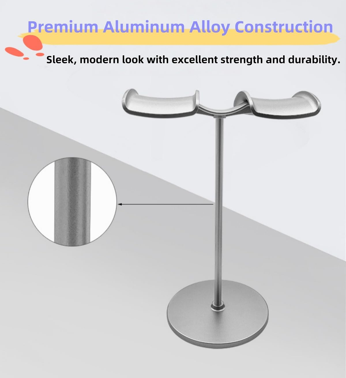 NQQNQQ DJ-O Aluminum Dual Headphone Stand for Over-Ear Gaming Headsets &ndash; Heavy Base Holder Compatible with Beats, Bose, ATH, AKG. (Silver) - Black image number 2