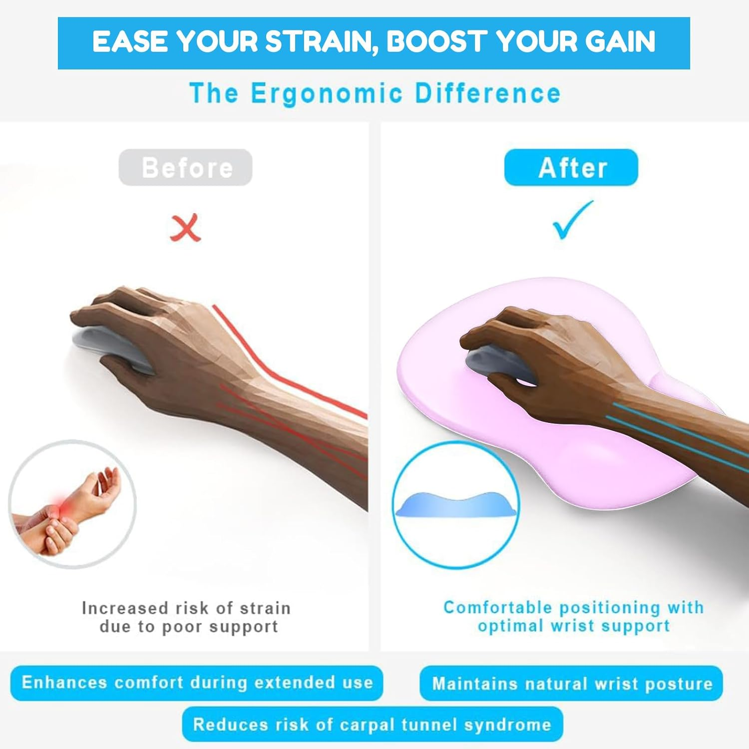 Wrist Rest Mouse Pad &ndash; Ergonomic Office Mousepad with Wrist Support, Non-Slip Design Desk Mat for Home & Game Decor Pink image number 5