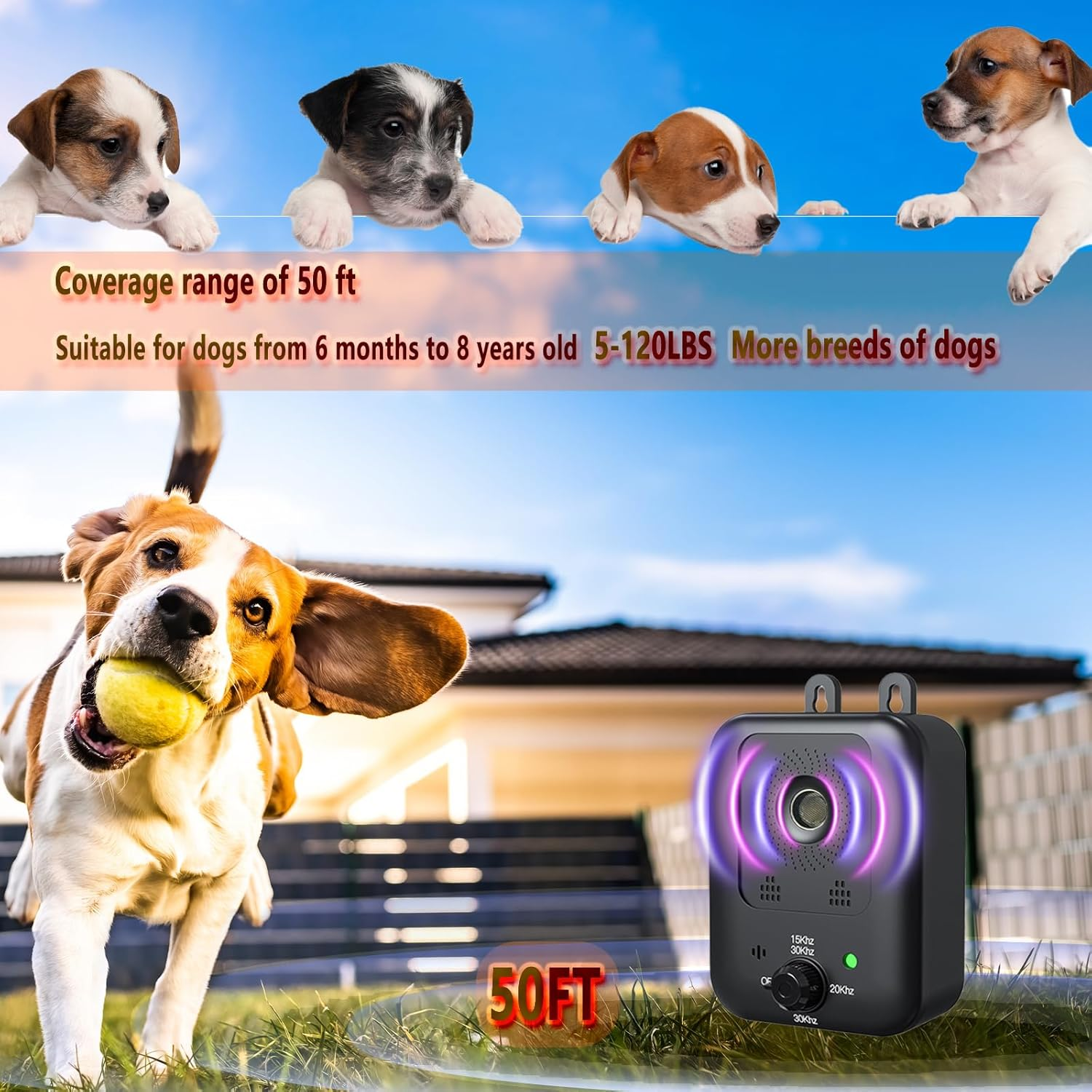 Anti Barking Device for Dogs,Ultrasonic Dog Bark Control Devices,Bark Recognition Silencer,15To30Khz 3 Nodes Range Deterrent of up to 50 Ft,Rechargeable Waterproof,For Indoor and Outdoor(Black2) image number 5