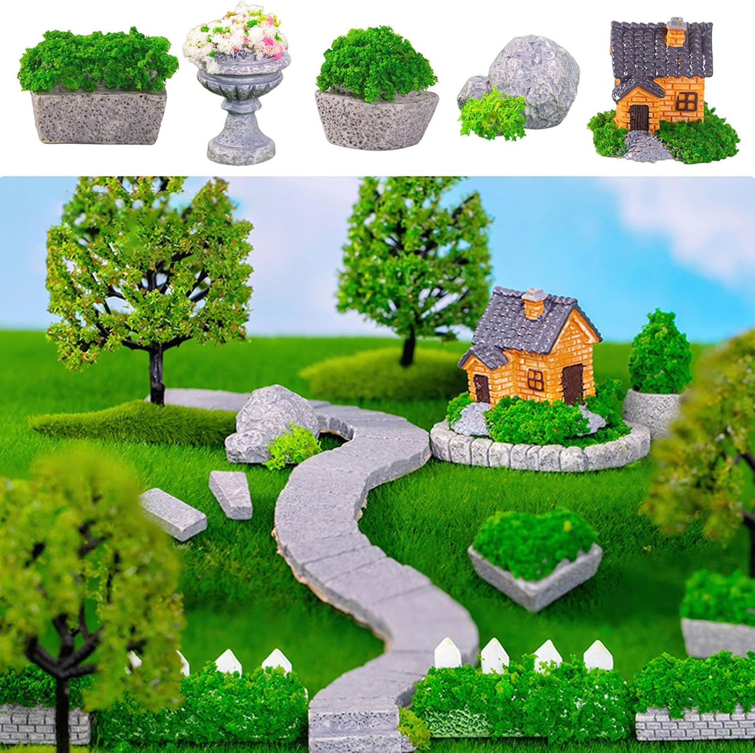 Miniature Fairy Garden Decoration Set - Mini Castle, Flower Bed, Grass Bricks and Lawn for DIY Crafts, Fairy Garden Decorations, Tiny House Accessories, Whimsical Mini Garden Decor image number 4