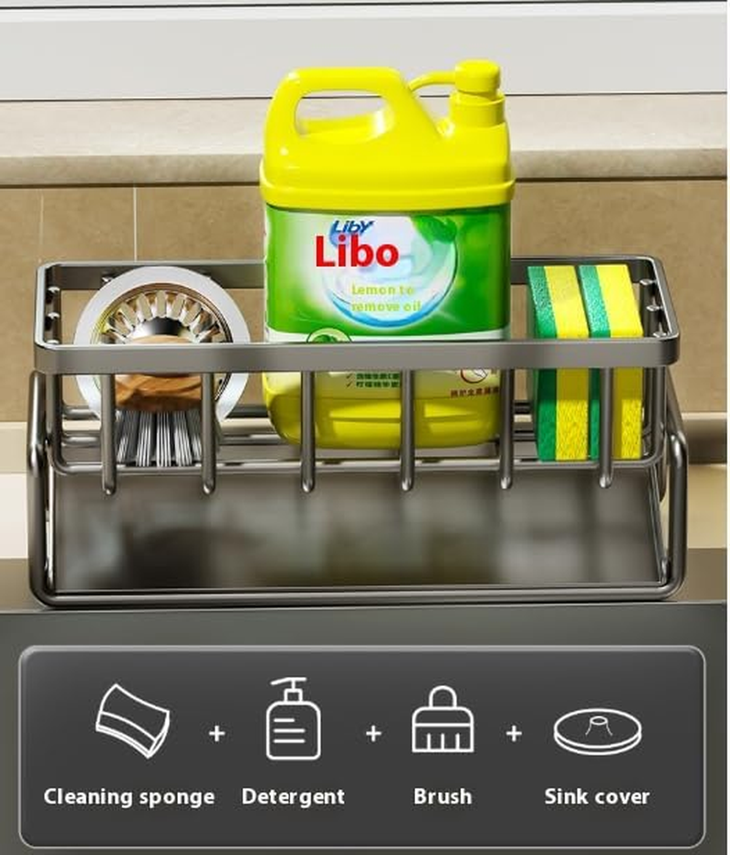 Kitchen Sink Caddy Organiser - Multifunctional Stainless Steel Rack with Self - Draining Tray, Ideal for Sponge, Dish Soap, Scrubber Brush & Dishcloth Storage, Tidy up Your Kitchen Space image number 5