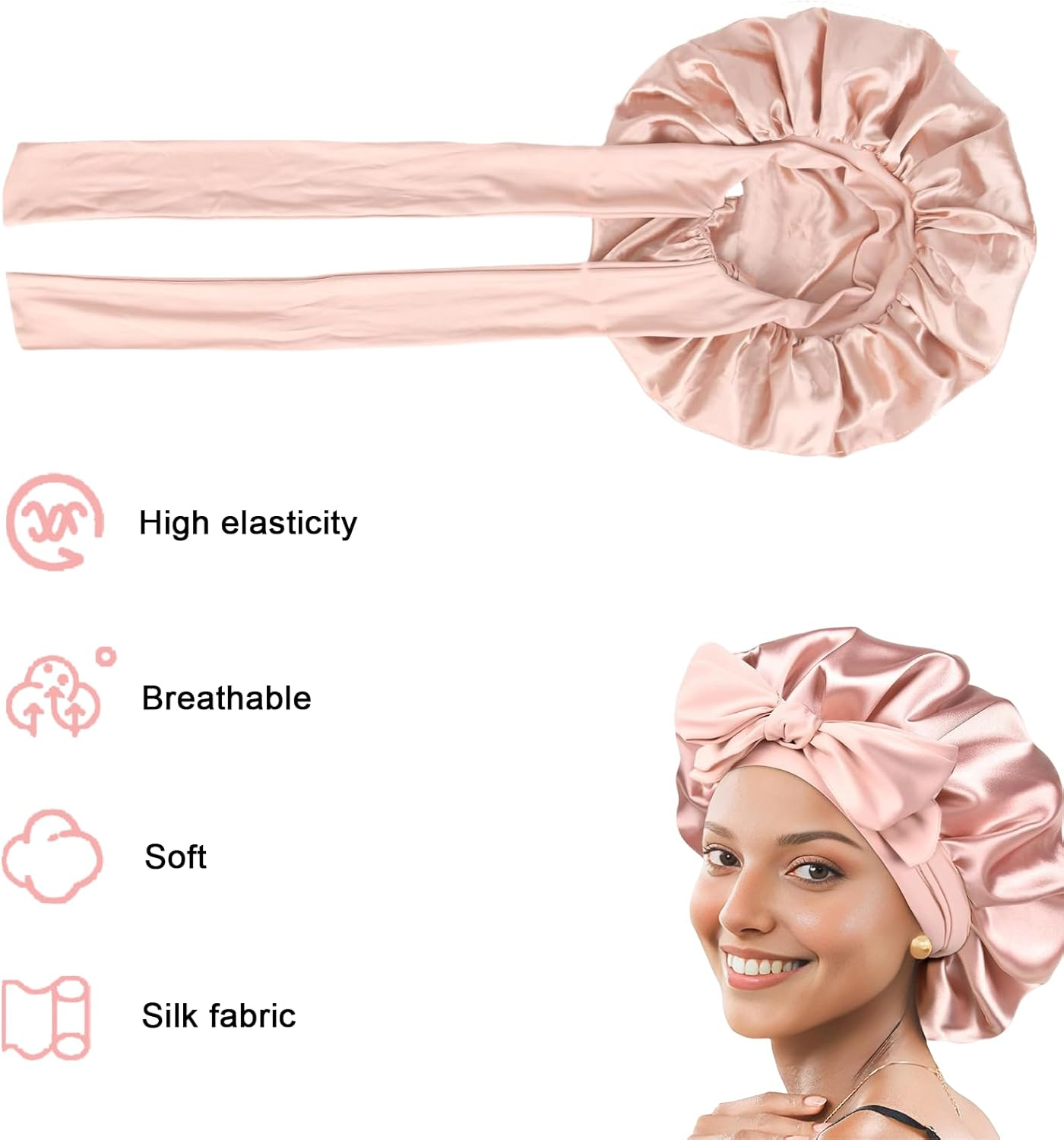 Jeyzuroa Silk Bonnet Sleep Bonnet for Women with Adjustable Band - Premium Breathable Satin-Like Hair Wrap Cap for Curly & Natural Hair, Single Layer Night Protection (Pink) image number 1