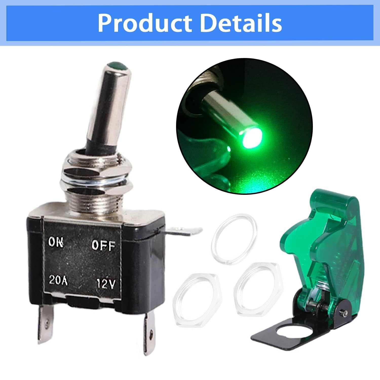 Aikoolwer Toggle Switches 12V 20A 5Pcs Heavy Duty SPST on off Racing Green LED Light Illuminated 3Pin with Waterproof Safety Cover Automative Auto image number 6