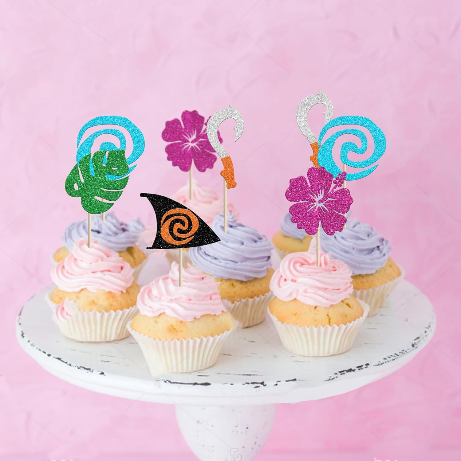 30 Pack Moana Cupcake Toppers Glitter Palm Monstera Leaf Flower Cupcake Picks for Tropical Hawaiian Luautheme Baby Shower Kids Birthday Party Cake Decorations Supplies (#1) - 2 image number 3