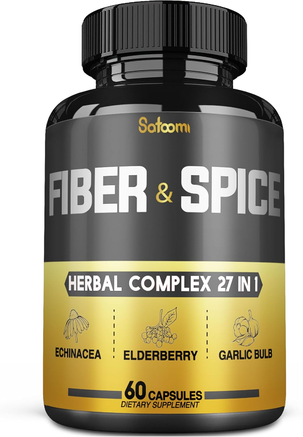 SATOOMI 27 in 1 Fiber and Spice Supplement - 60 Veggie Capsules - High Concentrated with Psyllium Husk, Flax Seed, Apple, Elderberry, Echinacea & More image number 6