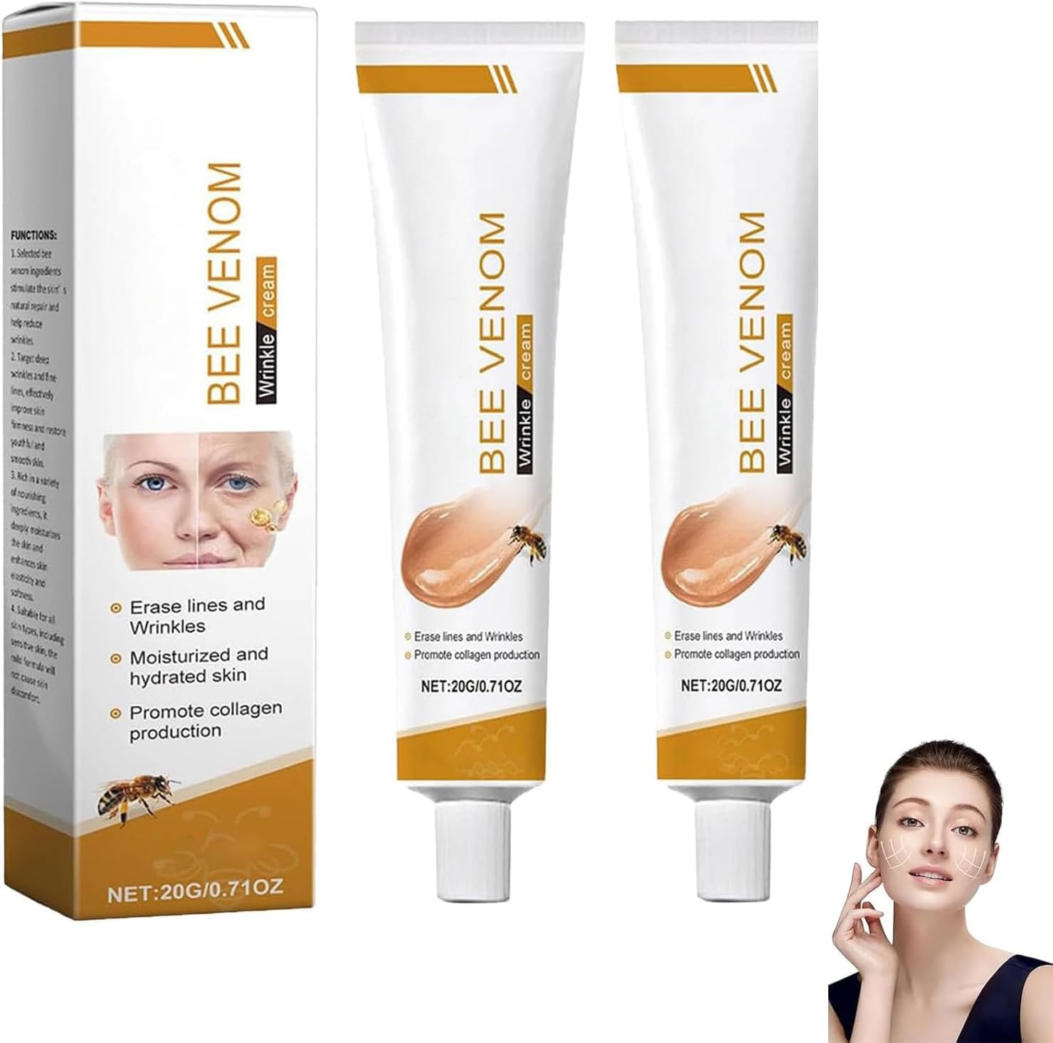 2PCS Bee Venom Cream - Wrinkle Removal & Firming, Moisturizing, Lifting & Recovery - All Skin Types - Anti-Aging Bee Venom Cream、Face Cream Moisturiser image number 3