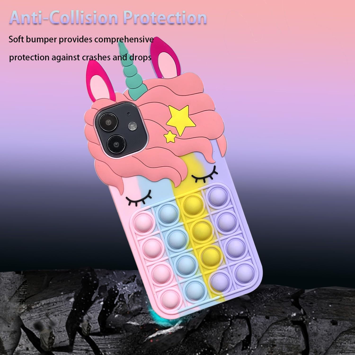 Aspack Pop Bubbles Case for Iphone 12/12 Pro, Cute Lovely Cartoon Unicorn Rainbow Pop Shockproof Silicone Soft Phone Case for Apple Iphone 12/12 Pro 6.1 Inch image number 4