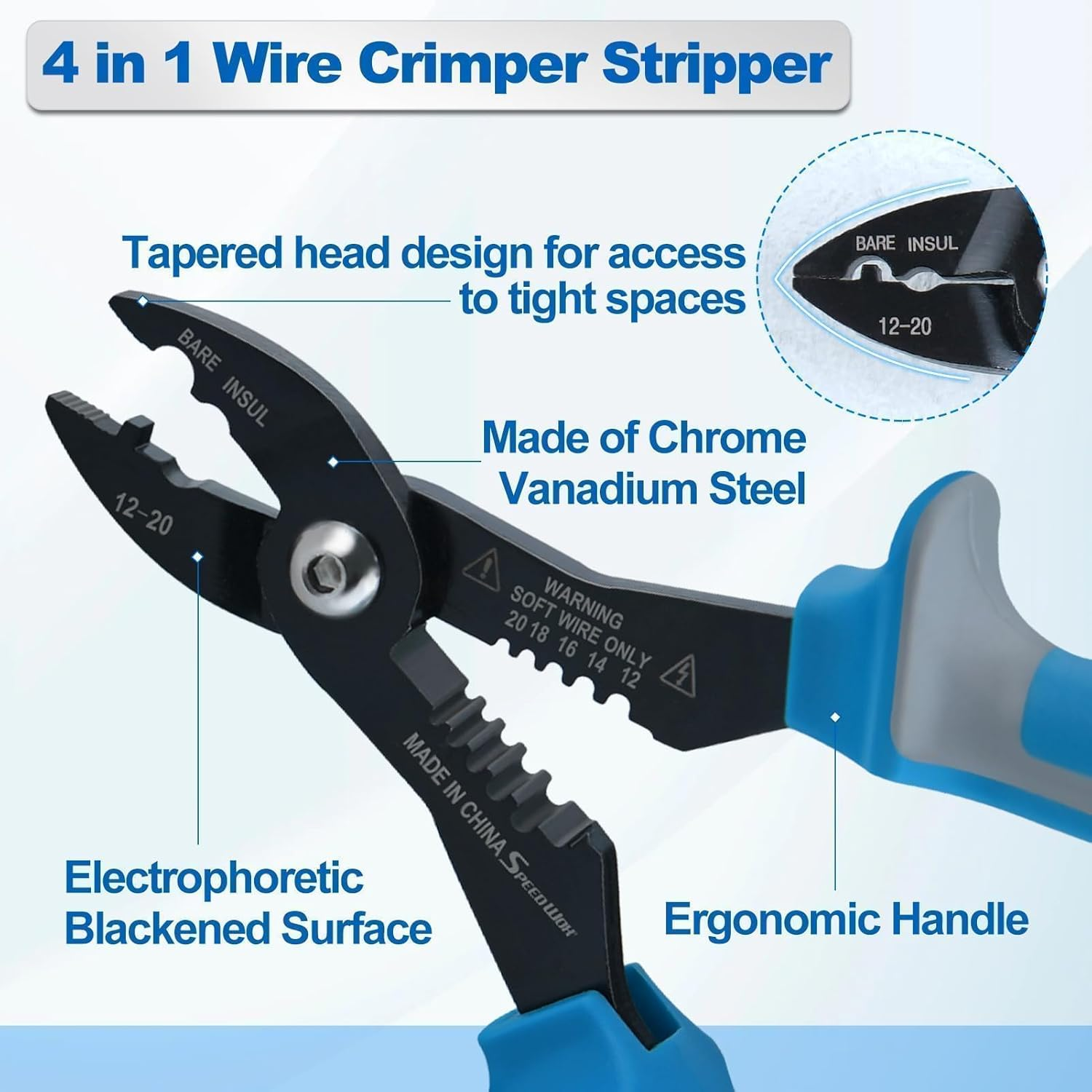 SPEEDWOX 4-In-1 Multi Purpose Electricians Pliers Wire Stripper, Wire Cutter, Wire Crimping Tool 7" Compact Wire Stripper for 10-20 AWG Insulated & Non-Insulated Clamping, Stripping, Cutting, Crimping image number 2