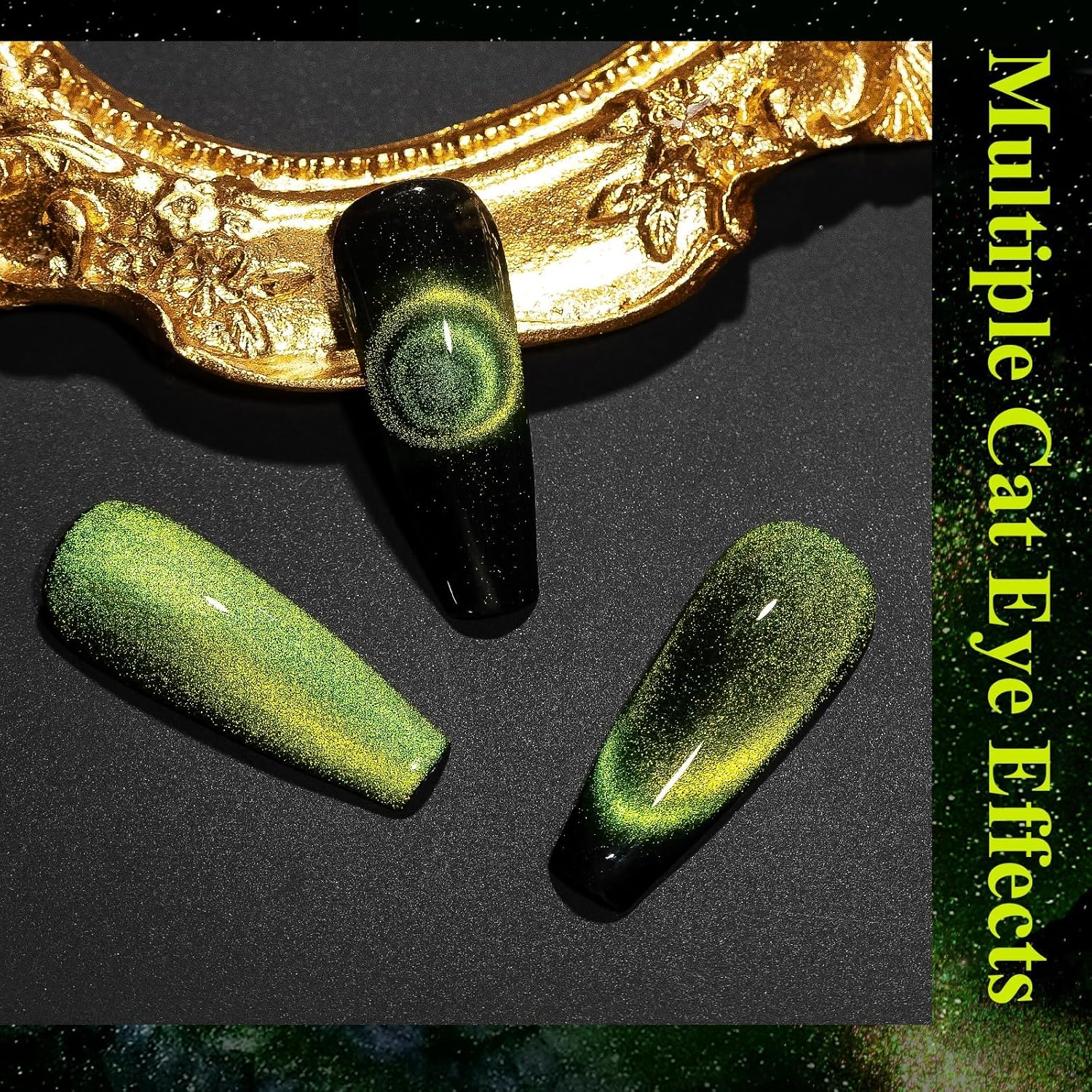 MIZHSE Cat Eye Gel Nail Polish, Bright Green Magnetic Gel Polish with Magnet Stick, Magic Shimmer Galaxy Effect Holographic Glitter Silky Cat Eye Nail Polish Soak off Nail Art Manicure at Home image number 3
