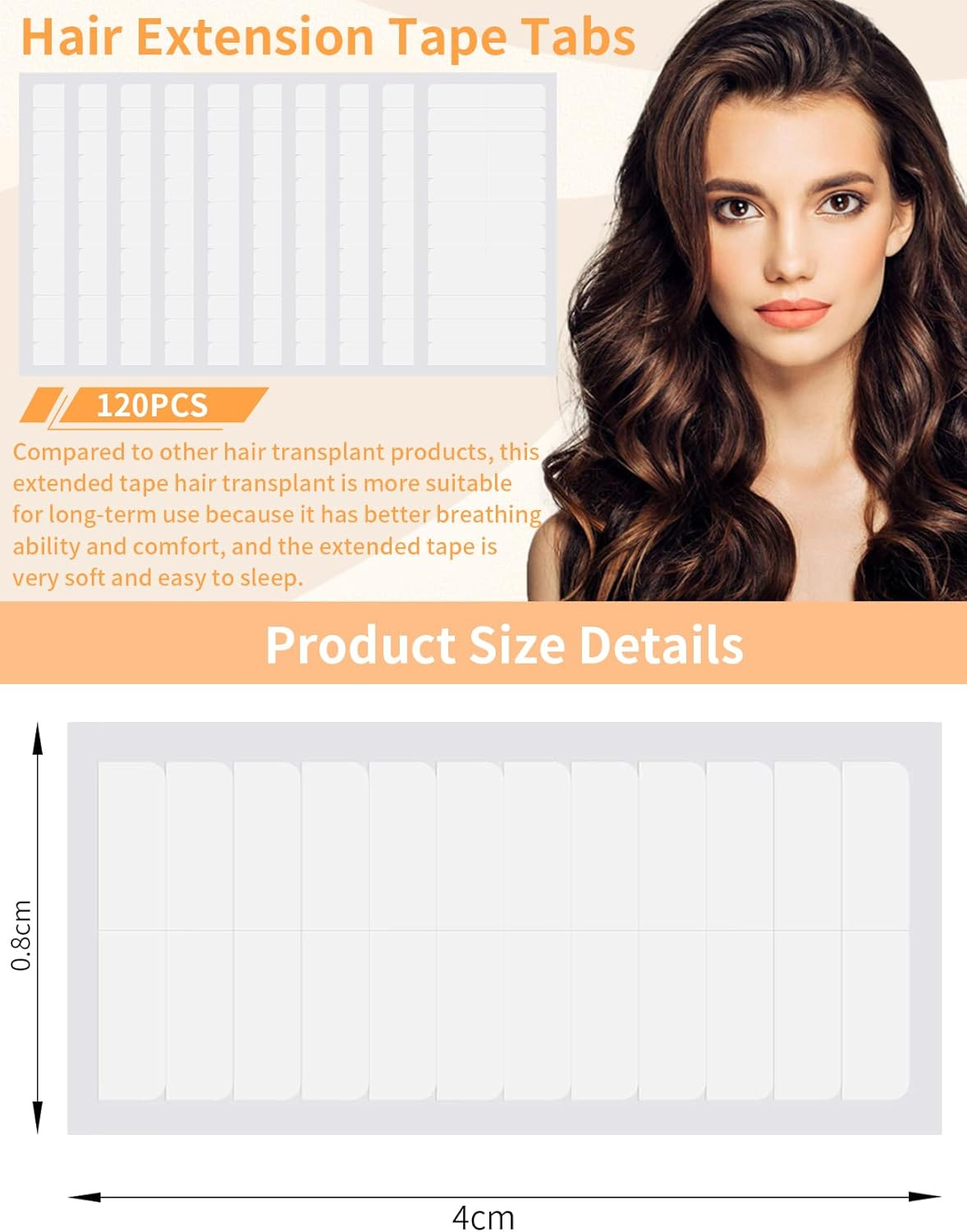 120PCS Double Sided Hair Extension Tape, Tabs for Replacement Wigs Supplies, Waterproof Strips for Toupee/Lace Wigs Film Adhesive No Shine Bonding image number 2