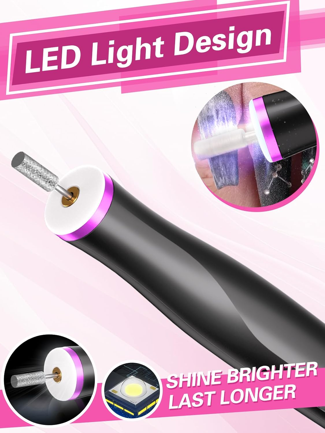 Cordless Nail Drill, Portable Electric Nail File with LED Light for Acrylic Gel Nails, Rechargable 22000RPM Nail Efile Drill Machine Kit with 6 Nail Drill Bits for Home Manicure Pedicure, Gray - Purple image number 2