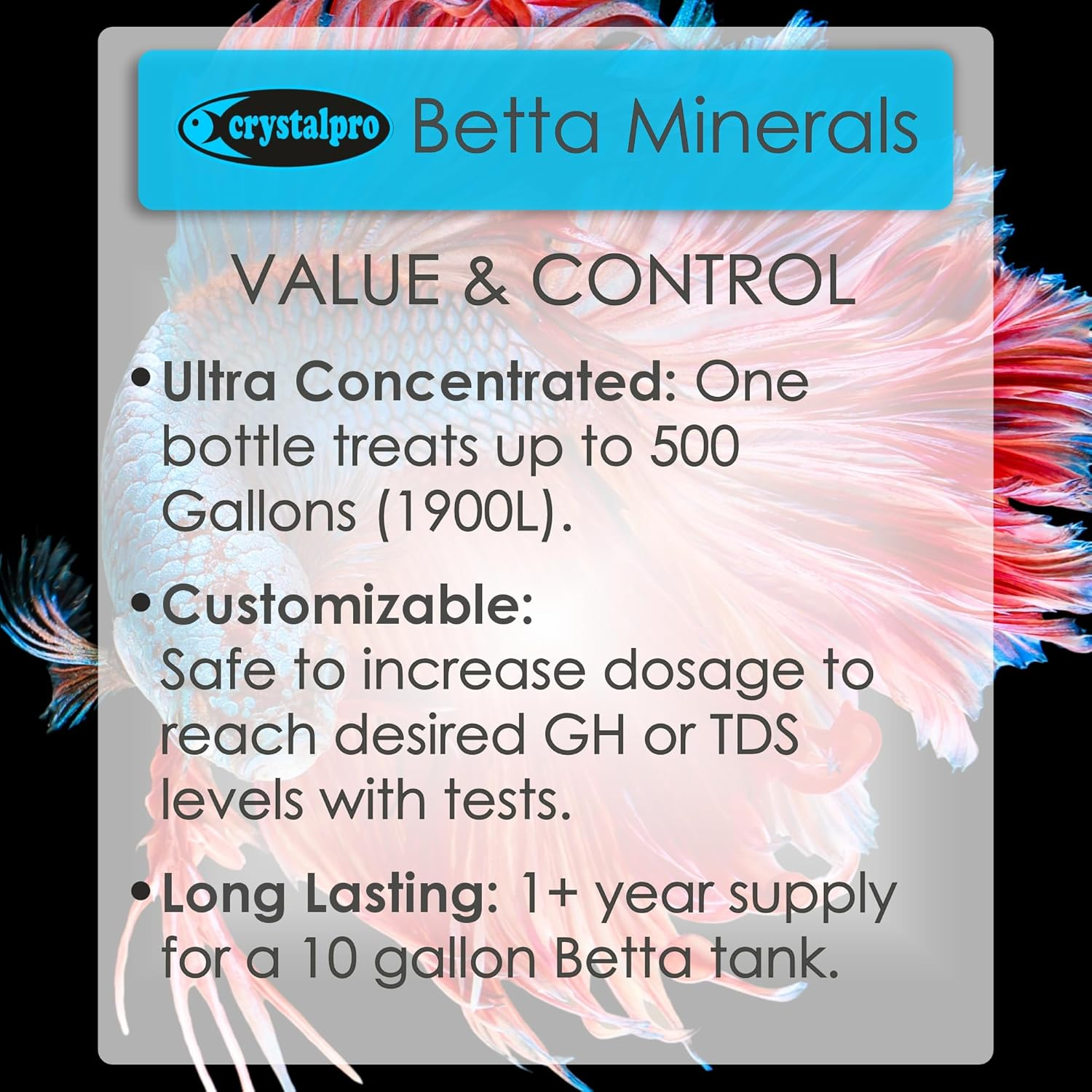 Crystalpro Betta Minerals 4.22 Oz-Mineral Additive for Bettas Replenishes Protective Coat Improves Respiration and General Health Freshwater Aquarium Salt (125 Ml) image number 2