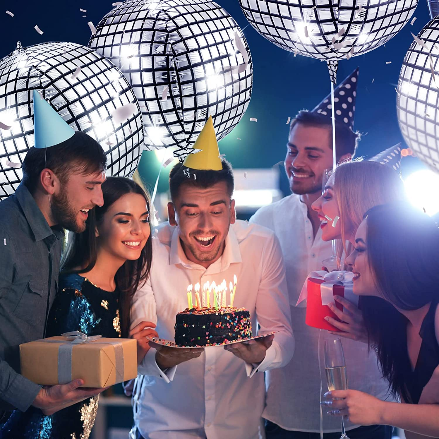 6 Pcs 32 Inch Big Disco Ball Balloons for 70S Disco Party Decorations Large 4D Silver round Metallic Disco Balloons Giant Mirror Foil Disco Party Balloons for 70S Disco Dance Birthday Wedding New Year