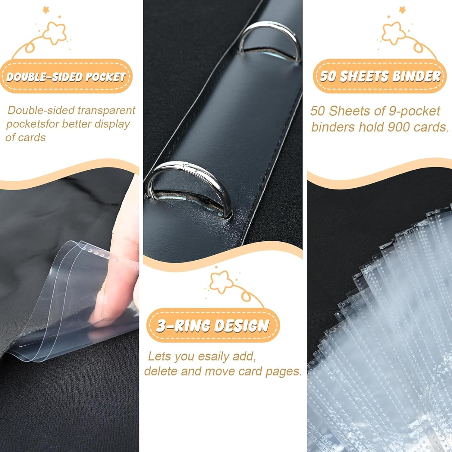 900-Capacity Zippered Trading Card Binder,9-Pocket PU Leather Organizer with 50 Removable Pages for Sports & TCG Cards (Baseball/Basketball/Football) image number 1