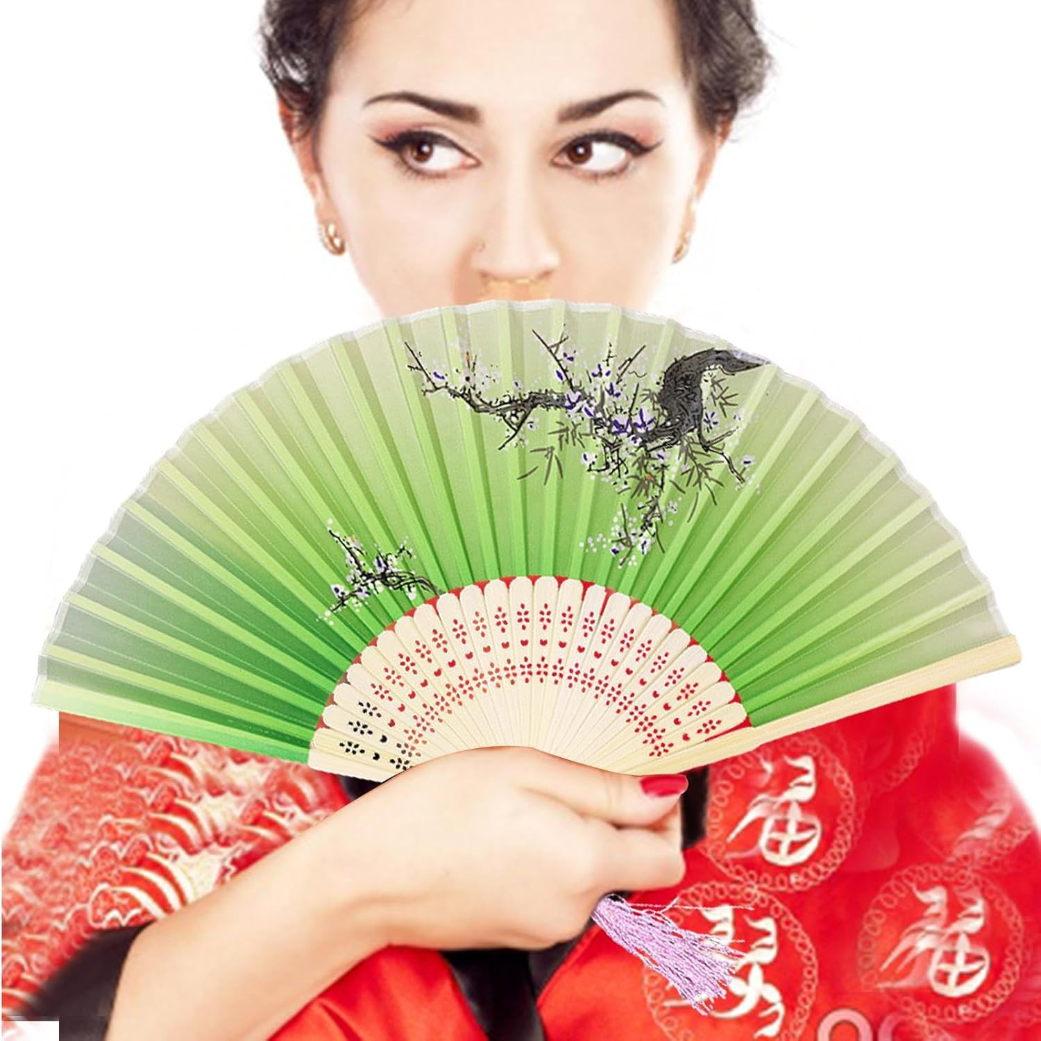 Small Folding Hand Fan - Japanese Silk Folding Fans | with Tassels Silk Bamboo Tassel Fan Antiquity Chinese Fan for Dance Bamboos Fan Manolyee