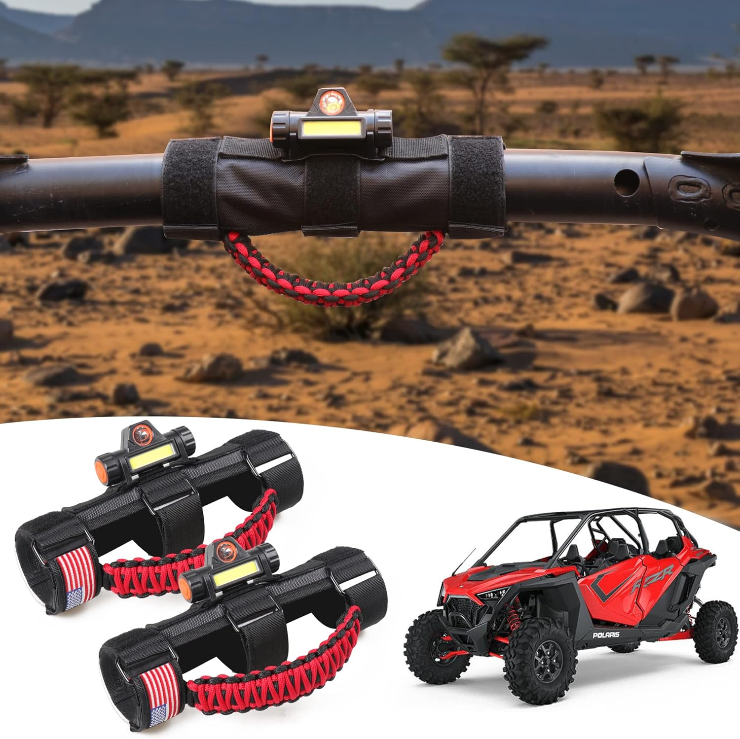 Sukemichi Handles Grab Roll Bar Grab Handles with Light for Jeep Wrangler Accessories TJ JK JL YJ Unlimited Rubicon Sahara 2 Door 4 Door Jeep Gladiator JT, Rechargeable Dome Light, Red, 2 Pack