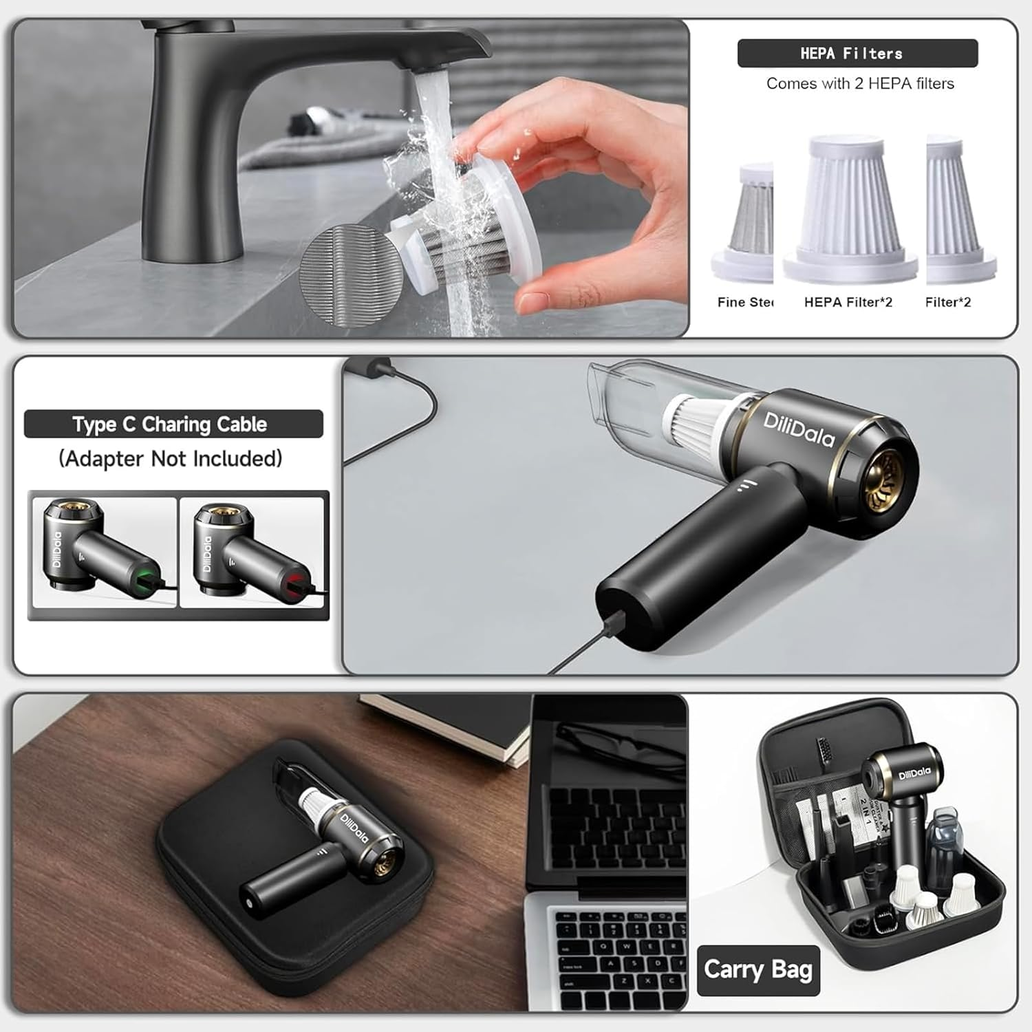 Car Vacuum Cleaner Cordless, Handheld Vacuum 22000PA High Power Suction, 4-In-1 Compressed Air Duster & Air Blower & Pump, Portable Vacuum Cleaner with 3 Gears for Home, Pet, Keyboard (Grey) image number 3