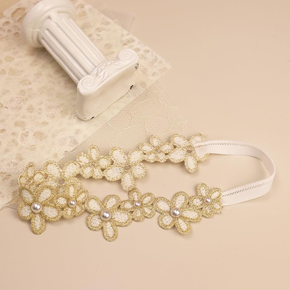 Baby Girl Gold Flower Lace Headband Toddler Elastic Floral Hair Band Newborn Infant Soft Lace Baptism Christening Hair Accessories for Birthday Party image number 3