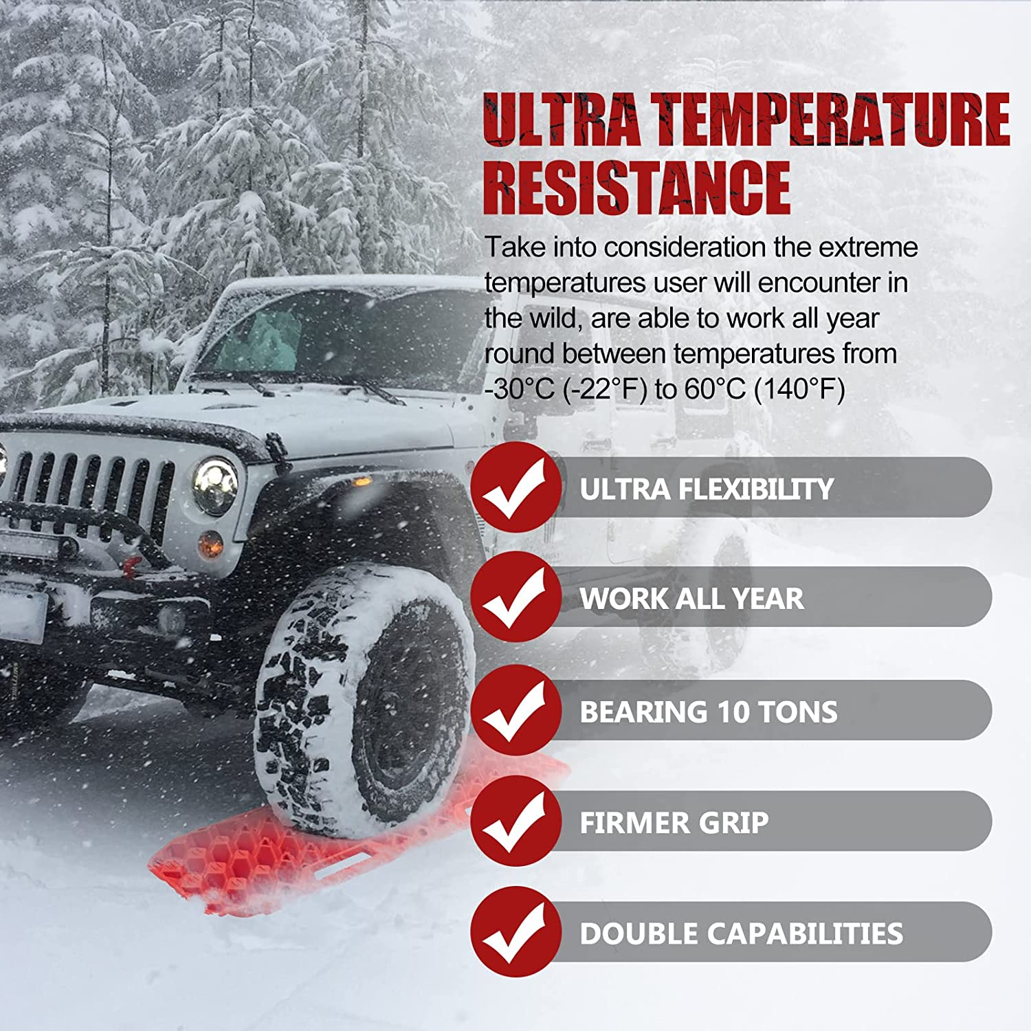 BUNKER INDUST Recovery Traction Boards - Bentable 120&deg; Load Capacity 10 Tons Offroad Tracks for ATV UTV 4WD 4X4 for Automotive Accessories Tires and Wheels in Sand Snow Mud, Red image number 5