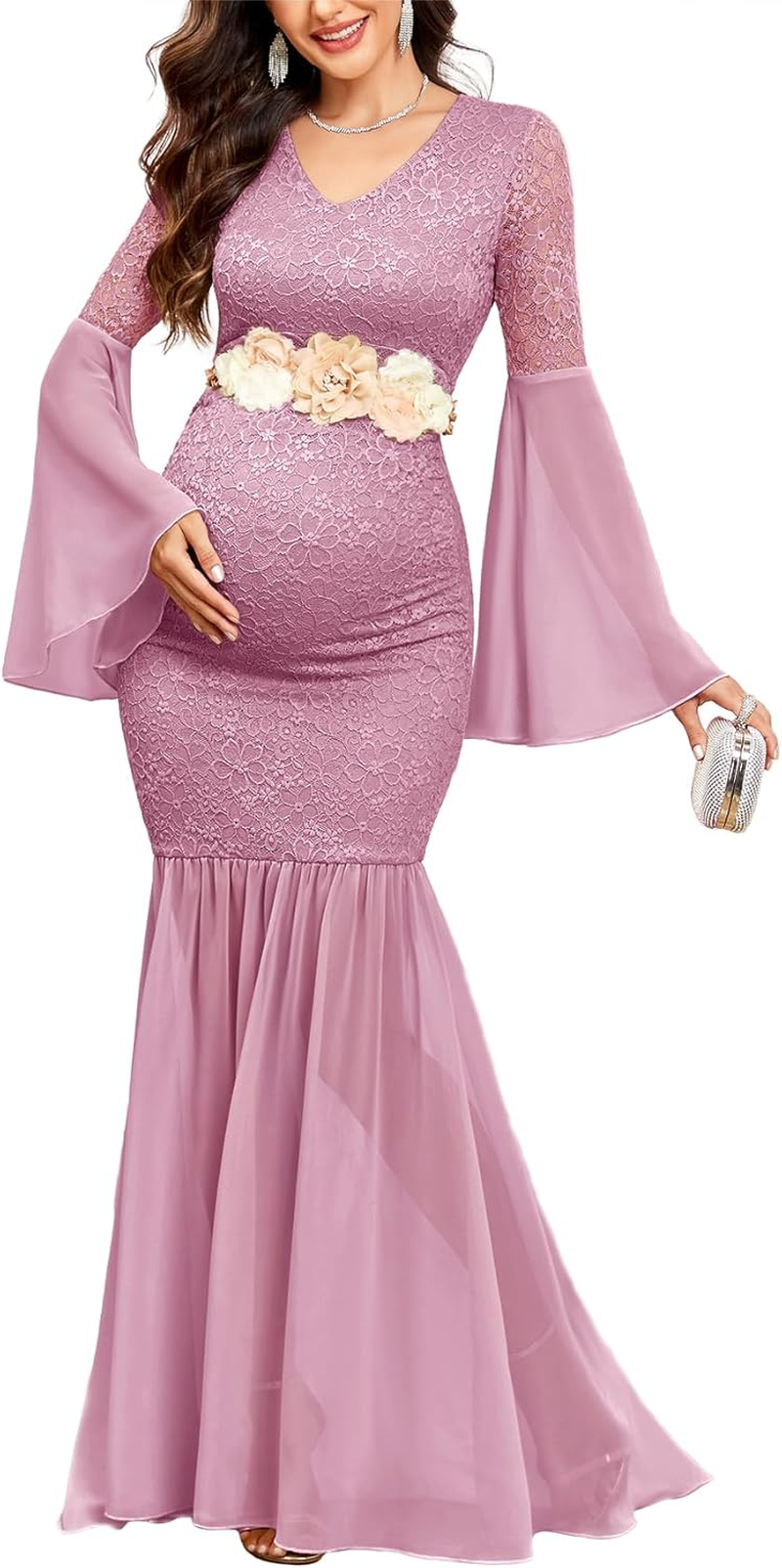 Maternity Dress Baby Shower Long Bell Sleeve Floral Lace Contrast Chiffon V-Neck Mermaid Pregnancy Photoshoot Gown