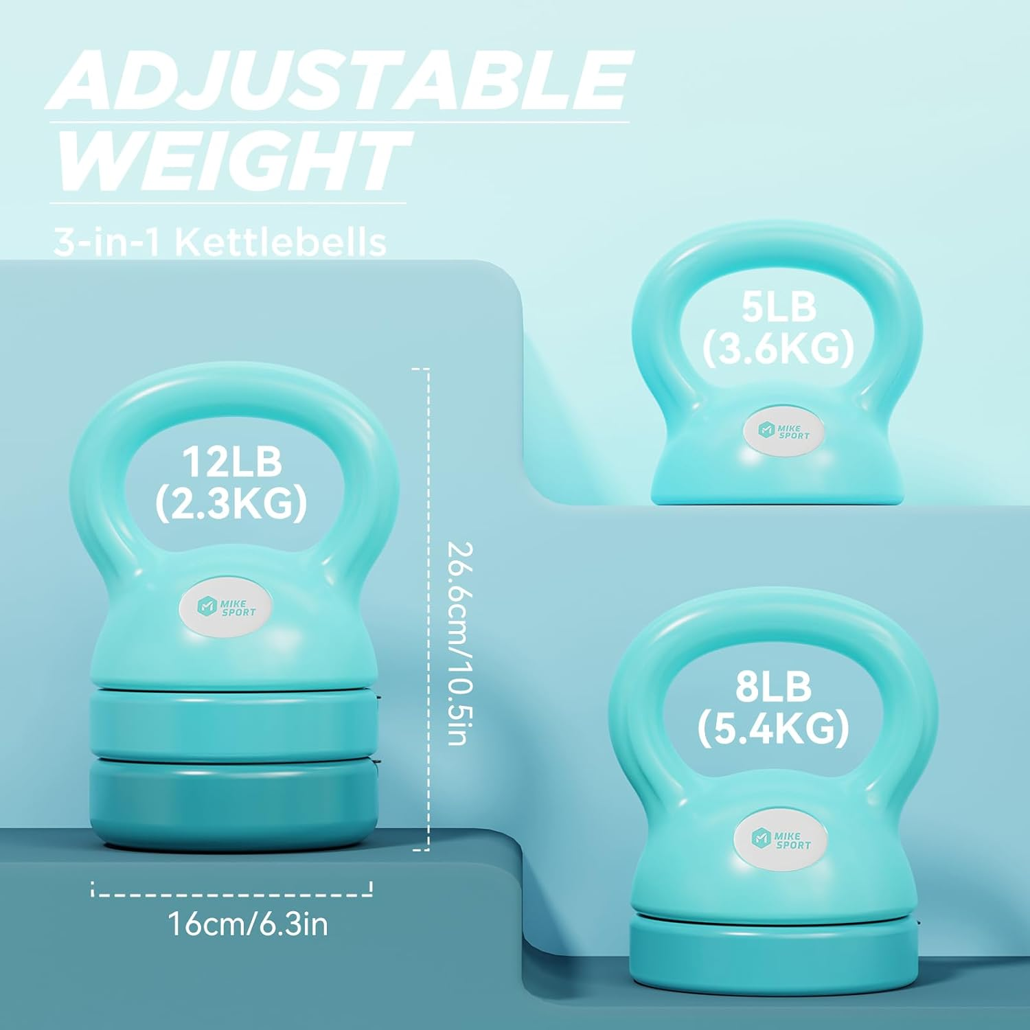 MIKE SPORT Adjustable Kettlebell Sets 3 in 1 (5Lb-12Lb) for Home Gym,Fitness,Workouts,Strength Training Equipment Exercise,Kettle Bell Weights Ideal for Beginners, Men,Women,Kids,Dumbbell Set