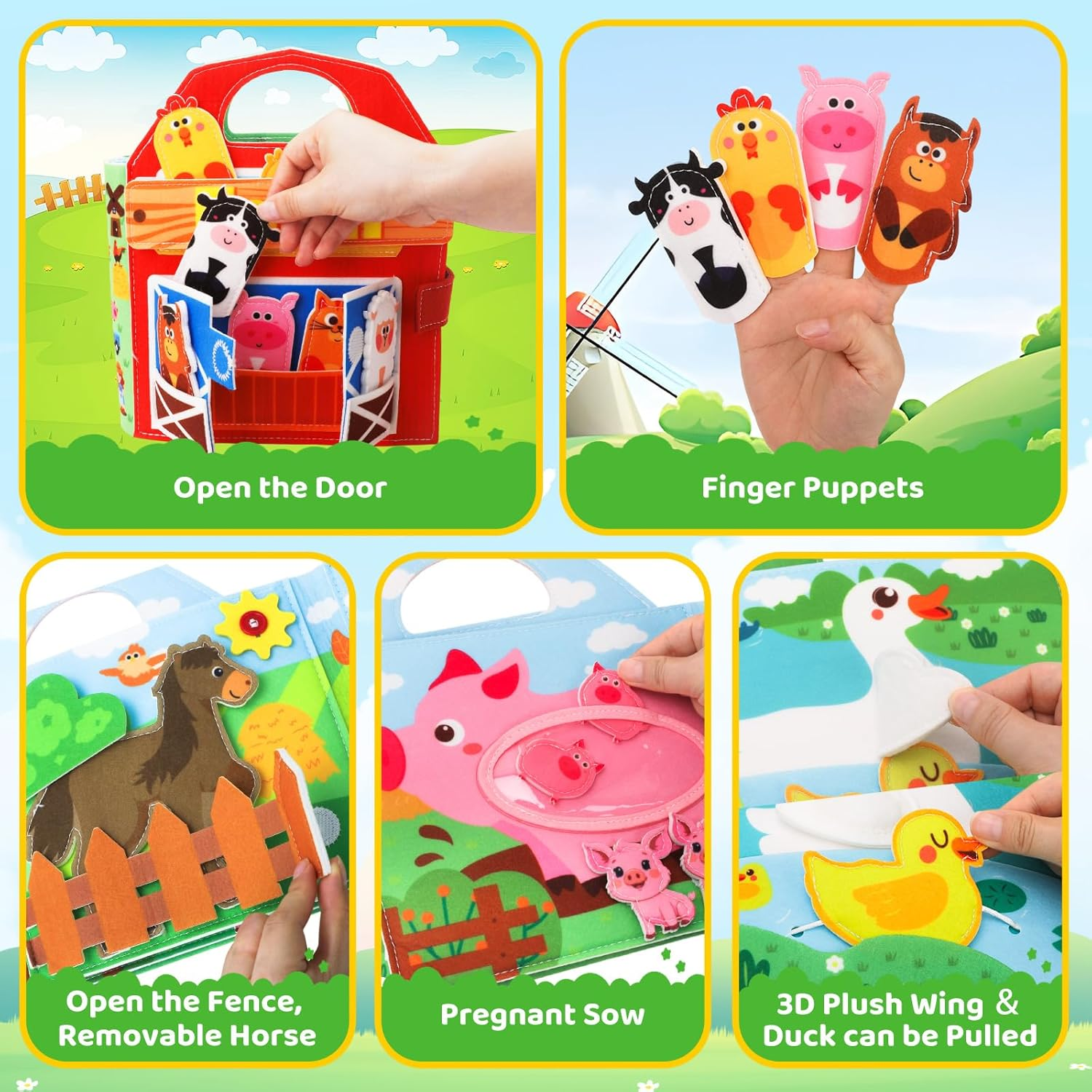 ZCOINS Farm Animal Busy Book Toys for Toddlers Travel Airplane, Montessori Quiet Busy Board Activity Book Toys for Toddler Baby Birthday Gifts, Educational Sensory Learning Felt Busy Board for Travel image number 2