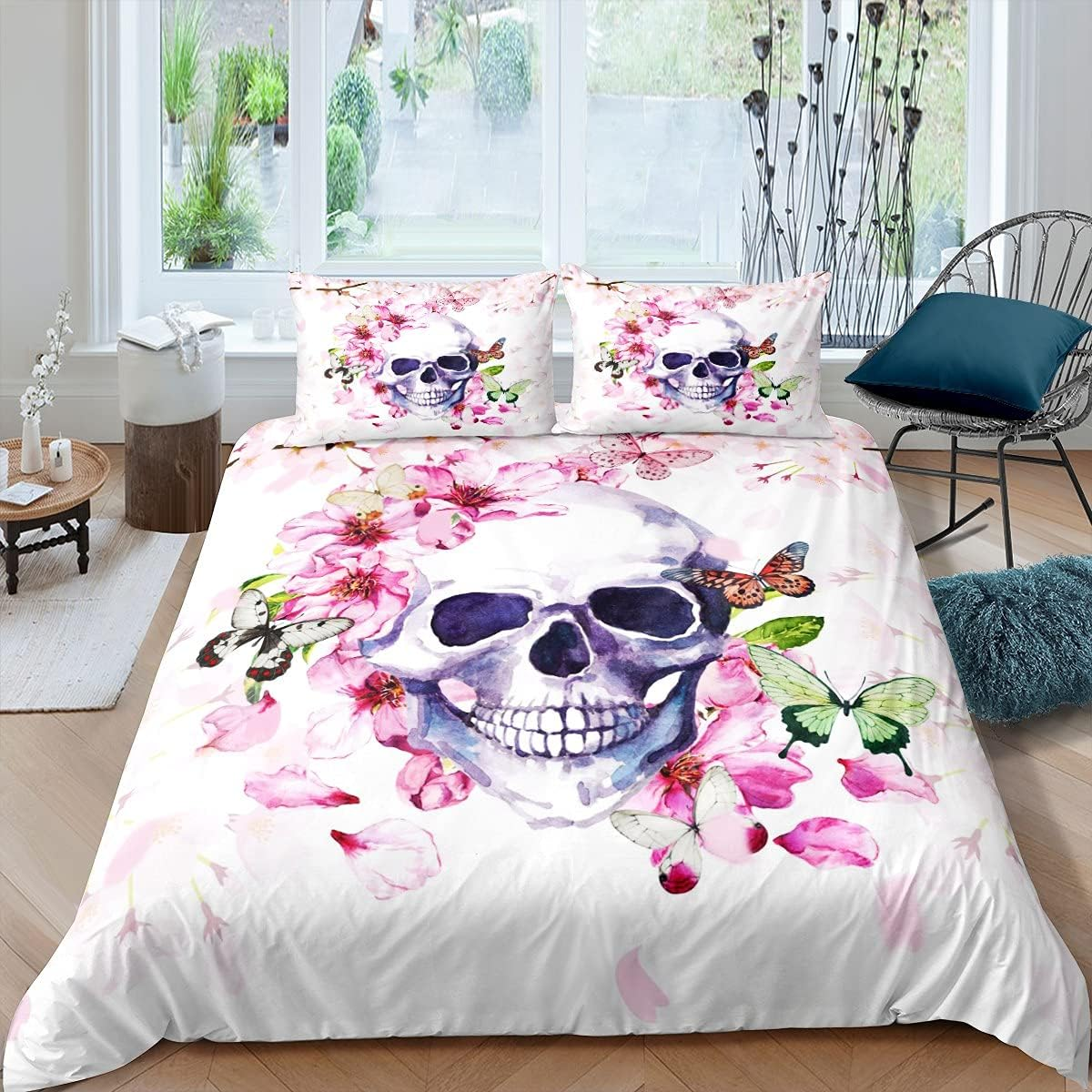 Feelingyou Gothic Skull Duvet Cover Set 135 X 200 Cm, Pink Flowers Floral Print Comforter Cover for Children Boys, Colourful Butterfly Bedding Set with 1 Pillowcase Bedspread image number 3