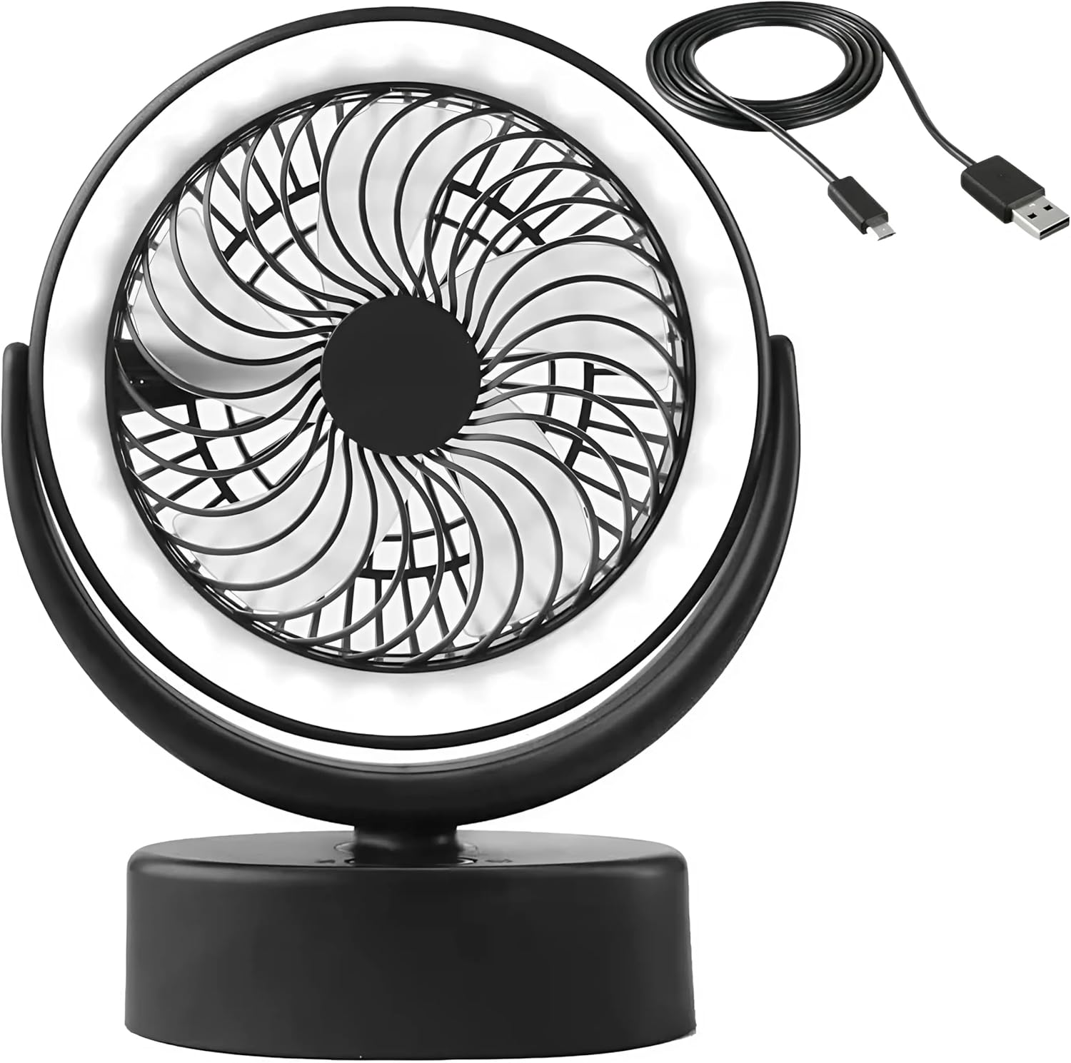 EZONEDEAL 5000Mah Rechargeable Fan with Light 40H Working Time 360&deg;Rotatation 4 Speeds Adjustment 2-6H Three Levels Time Setting Portable Camping Fan with Hanging Hook Desk Fan (Black) image number 2