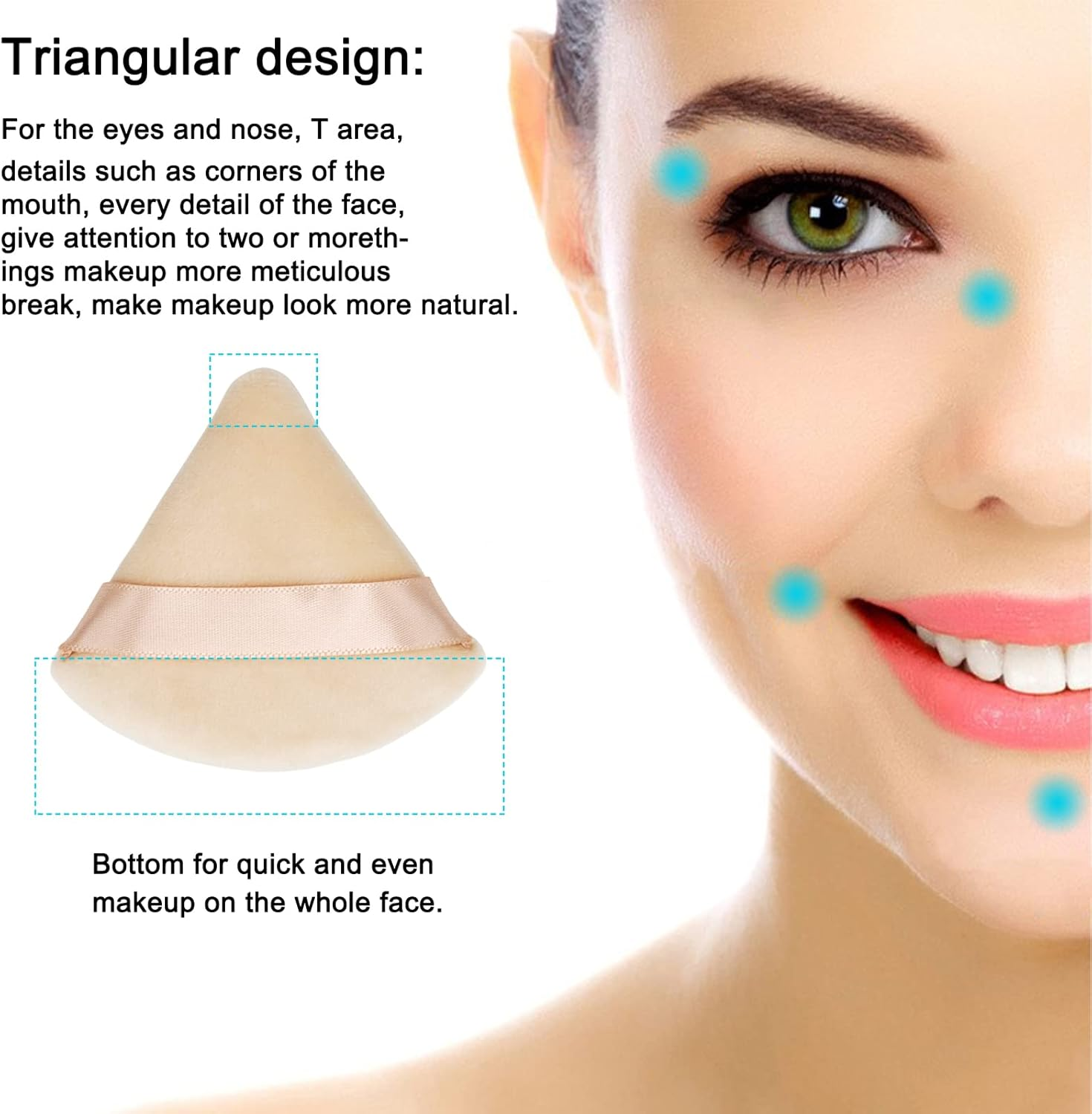 12 Pieces Cosmetic Powder Puff,2.76 Inch Portable Soft Sponge Setting Face Puffs,Triangle Velvet Powder Puff with Ribbon Band Handle for Loose Powder Body Powder Makeup Tool(Black,Nude) image number 2