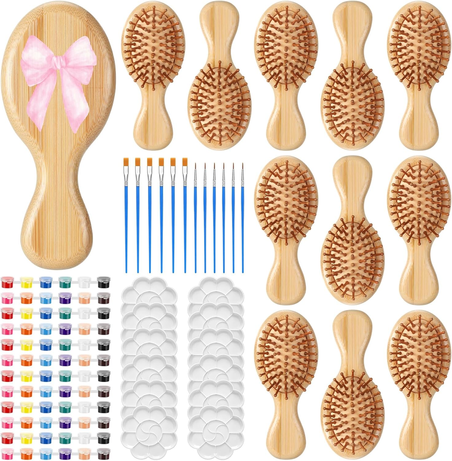 Meanplan 12 Set DIY Wooden Hairbrush Painting Kits Make Your Own Hair Brush Hand-Painted Hairbrush Night Party Supplies with Paint Brush and Palette for DIY Gift Party Crafts (Mini) image number 4