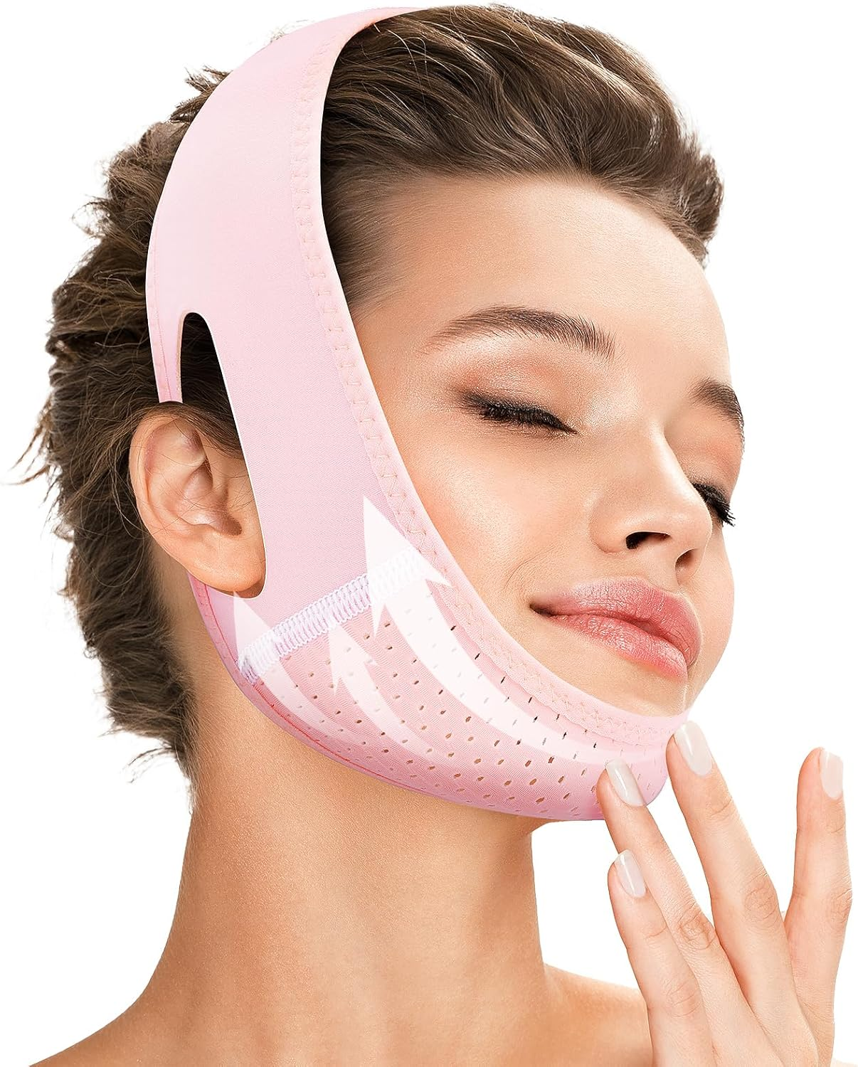 Juskaa Reusable V Line Lifting Mask with Chin Strap for Sleeping,Face Lift Prevent Sagging, Jaw Exerciser,Light Pink,M