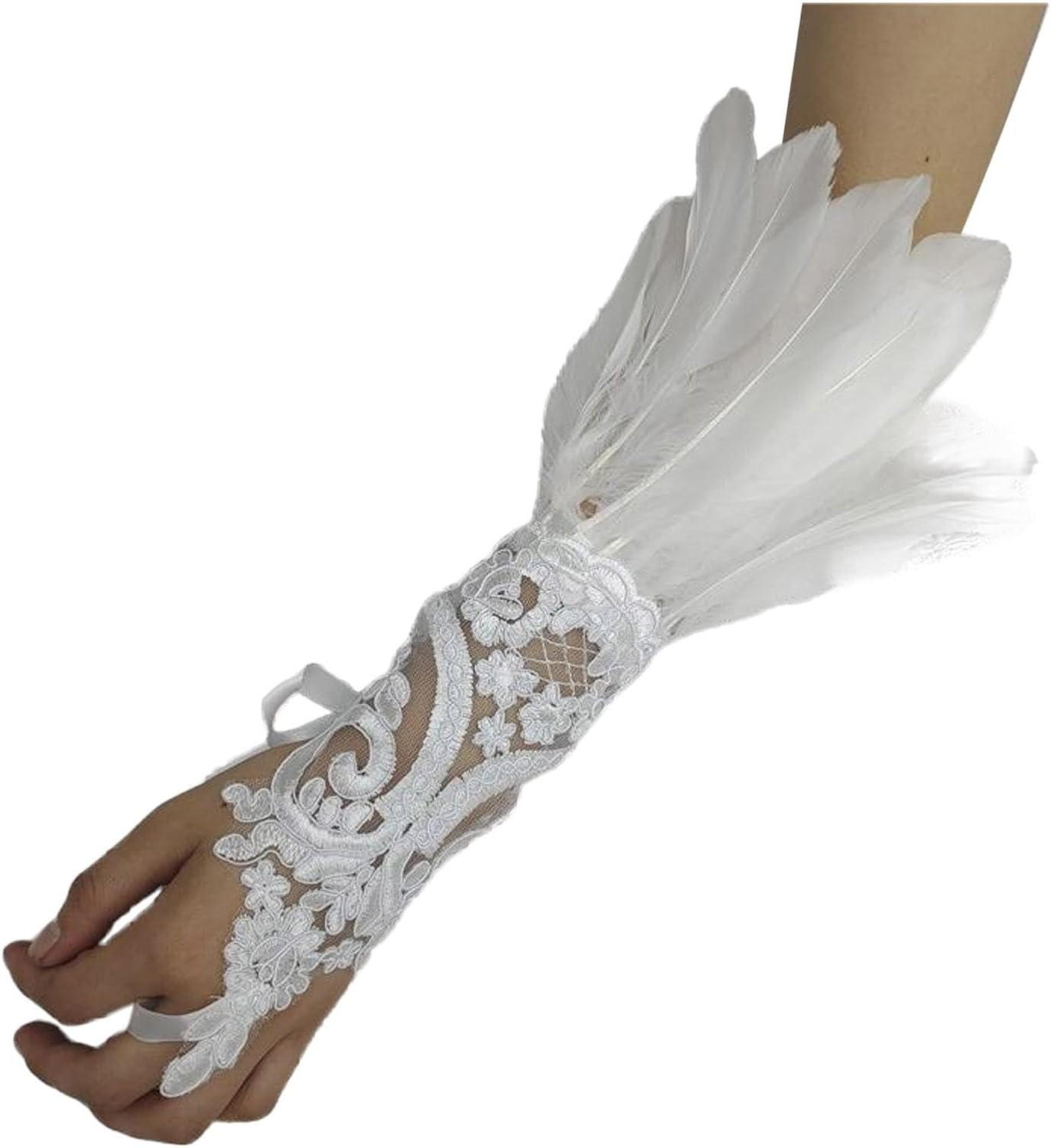 Generic Lace Feather Gloves for Women Witch Angel Costume Accessories Swan Wings Wrist Bands 1920S Sexy Black Gloves