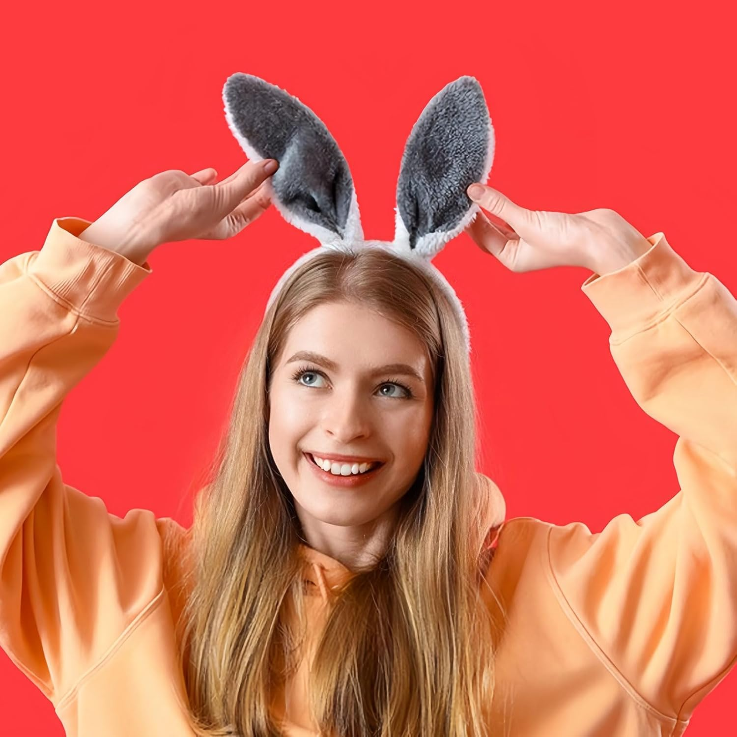 HATOTO Bunny Headband Easter Hair Bands for Women Girls Kids, Cute Plush Rabbit Ears Hair Accessories Non Slip Headbands Easter Day Party Decoration Supplies - 4. Grey image number 2