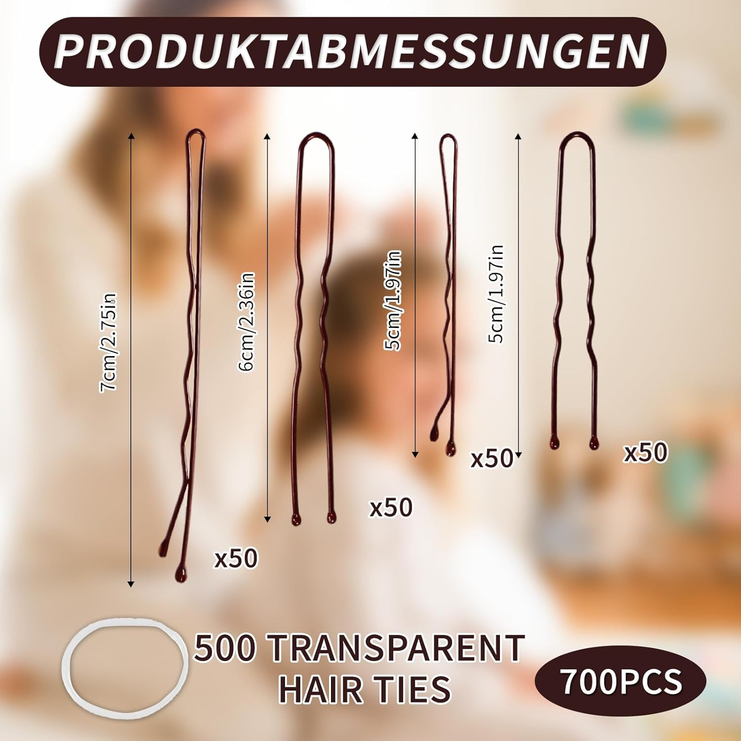 Bliceon Pack of 700 Small Bobby Pins Set, U-Shaped Hair Clips, Transparent Hair Elastic, Small Bobby Pins for Women and Girls with Storage Box (Brown) image number 2