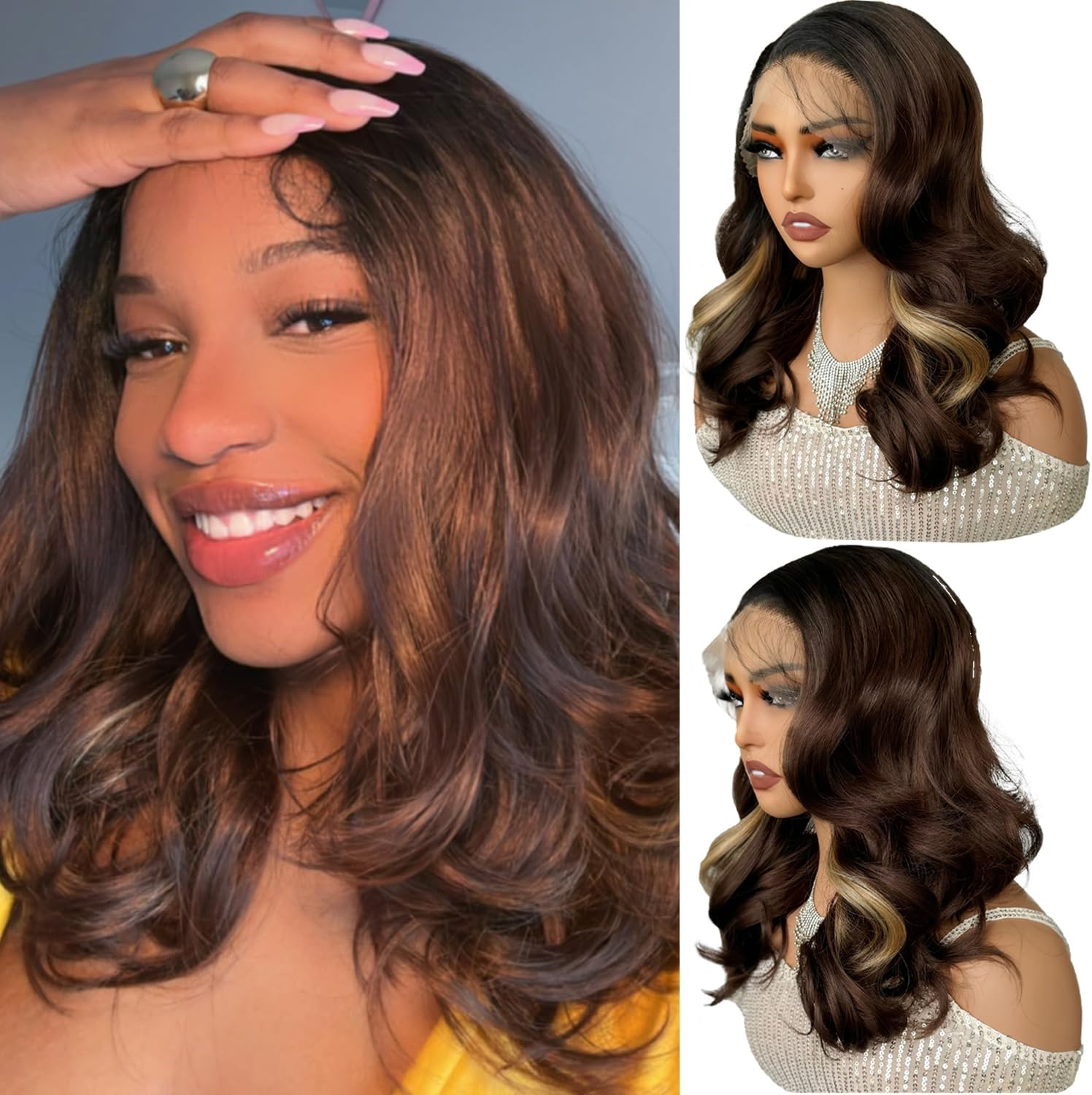 Synthetic Brown Lace Wigs 18 Inches Short Square 13 X 6 Lace Front with Free Parting Pre-Plucked Wavy Wigs for Women image number 3