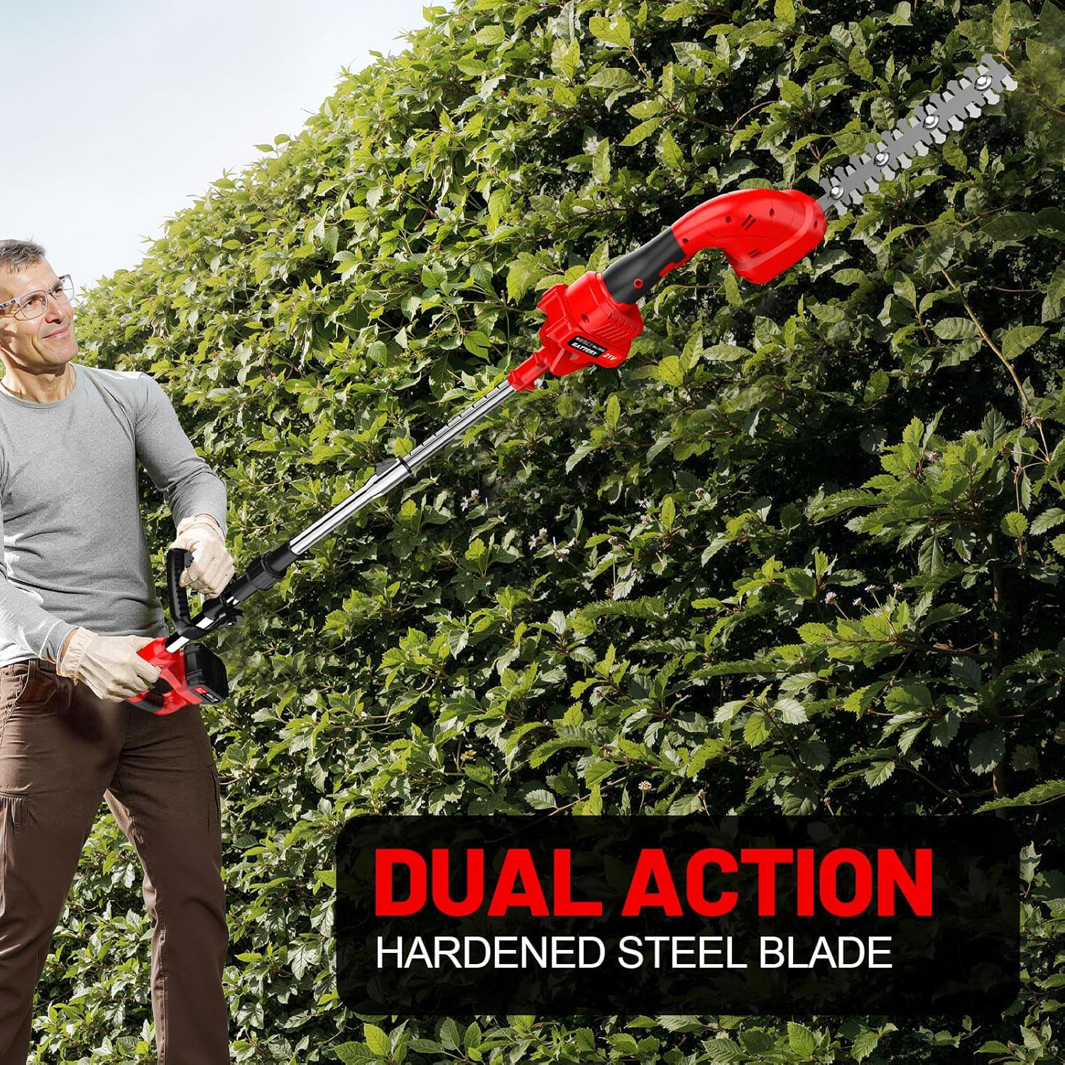 Lmozim 3-In-1 21V Pole Mini Hedge Trimmer & Grass Shear, 8Inch Cutting Blade, 2 * 2.0Ah Batteries Electric Hedge Trimmer with 5Ft Extension Pole, Cordless Hedge Clippers Multi-Angle for Garden, Lawn