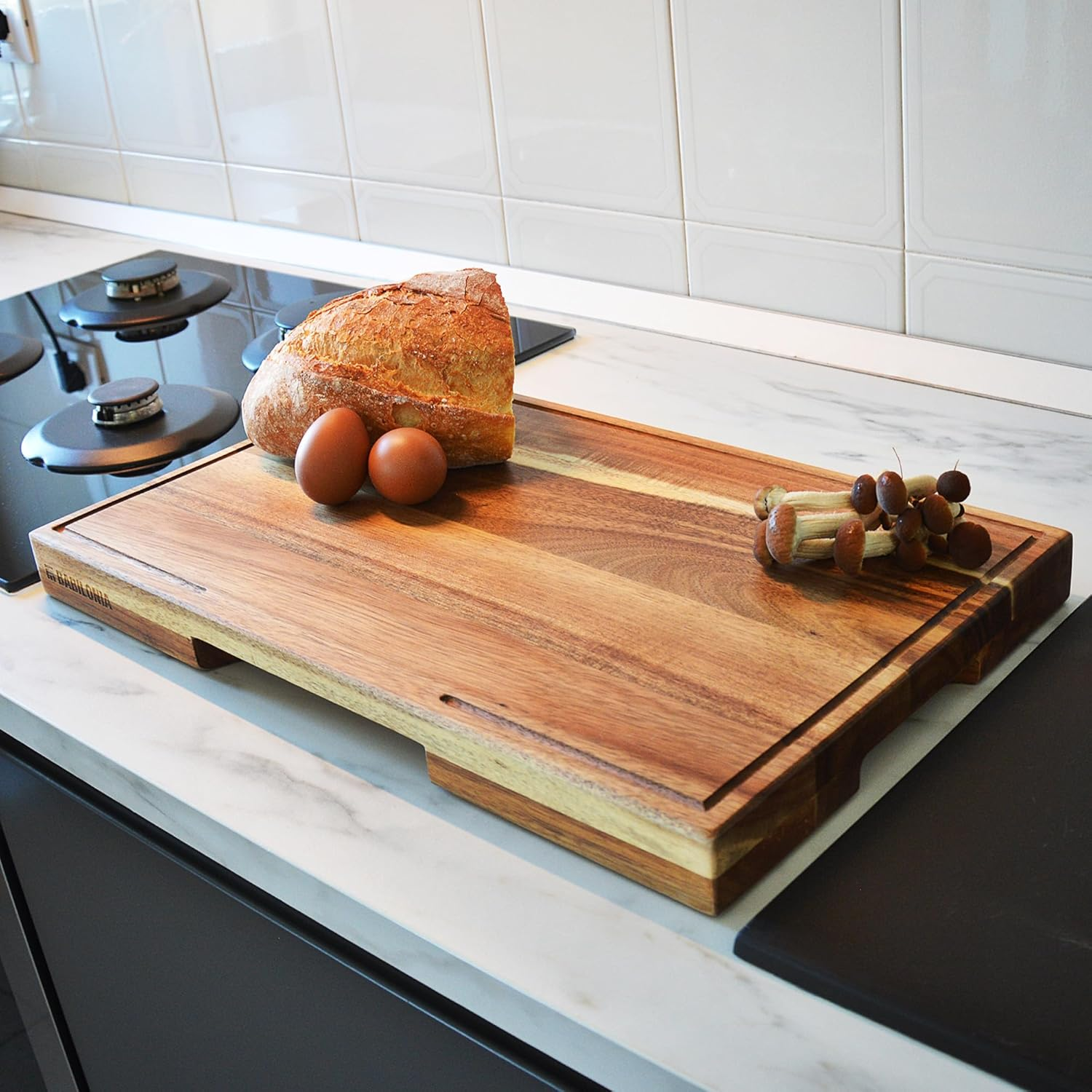 Acacia Wood Cutting Boards for Kitchen, Wooden Chopping Board for Meat, Cheese and Charcuterie Boards with Handles (Extrathick 1.6"). Premium Quality Butcher Block (Oil Bottle & Plate Included) image number 4