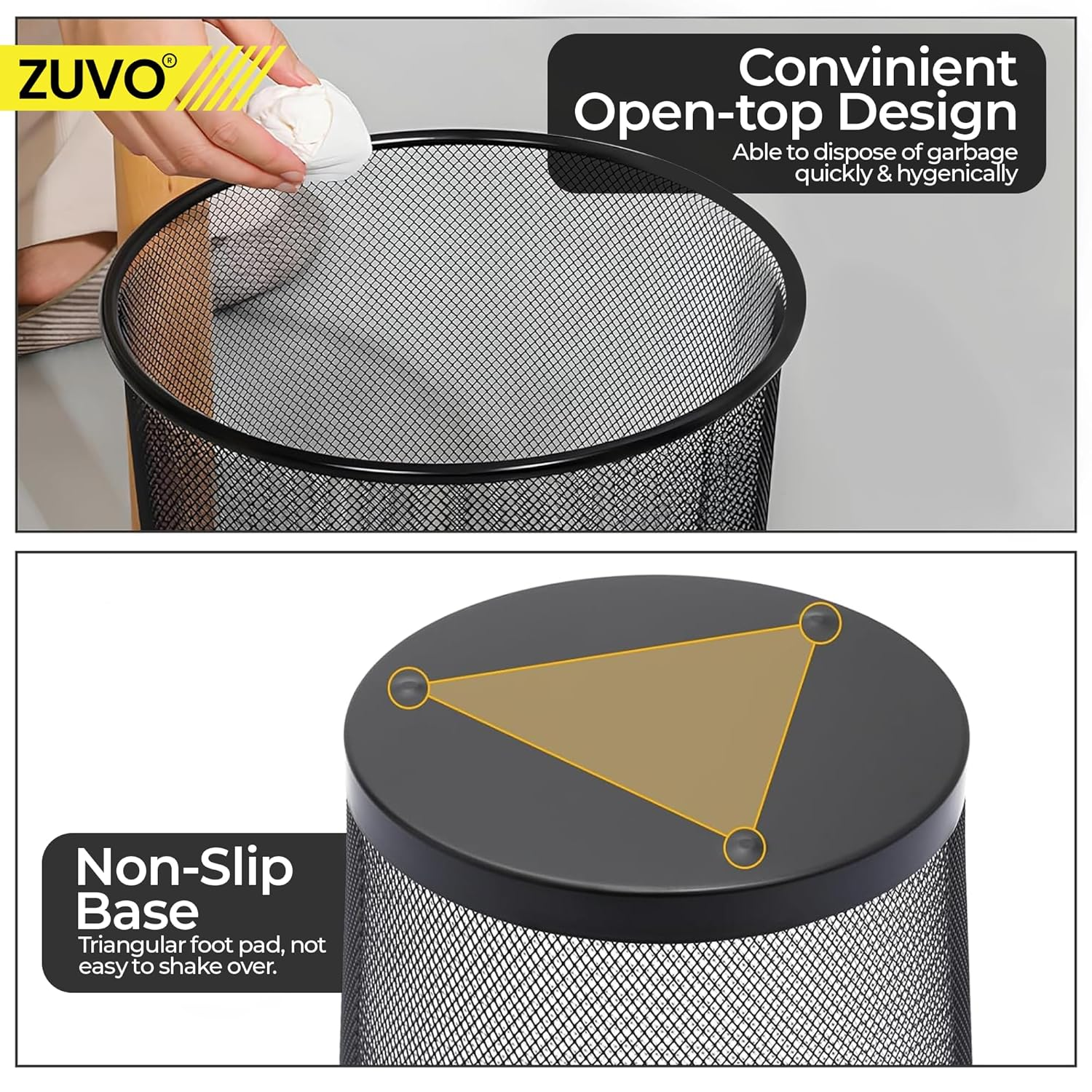 Zuvo Mesh Wastebasket Black Metal Wire Garbage Trash Can for Office Home Bedroom Height 10.1" Width 10", 4 Gallon (16 Quart) (1, Black) image number 6