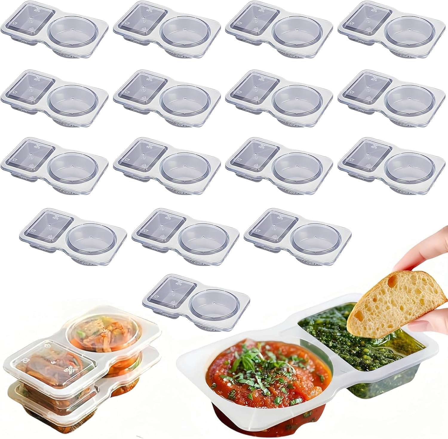 20PCS Double Portable Reusable Sauce Container with Lids, 2 Compartment Snack Containers, Disposable Clear Two-Compartment Salad Dressing & Condiment Containers for Sauce, Sampling, Travel Snack image number 3