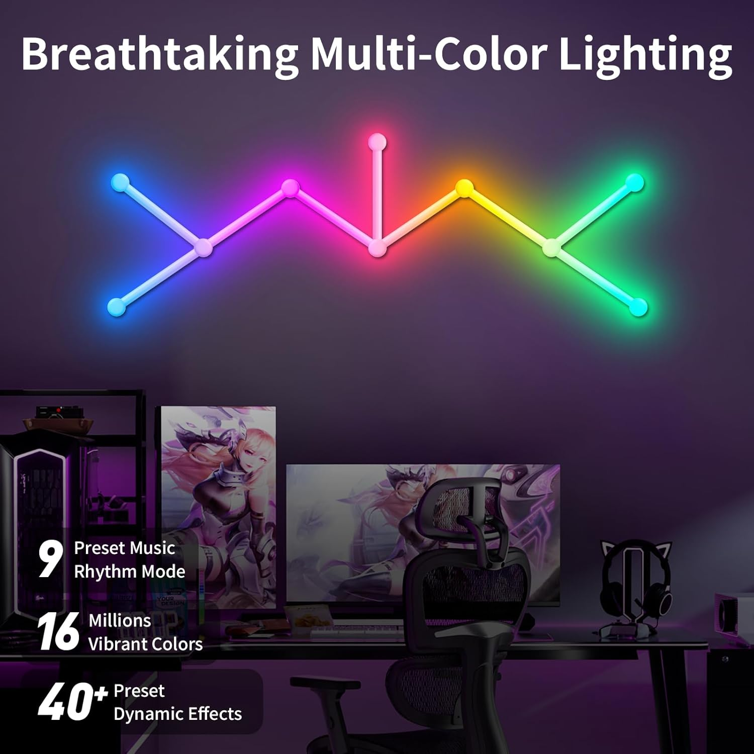 Smart Wifi RGB LED Wall Light Lines, Music Sync DIY Geometry Splicing Gaming Lights, 16M+ Color Changing Home Decor Lights Work with Alexa and Google Assistant for Game Room, Bedroom - 9 Bars image number 4