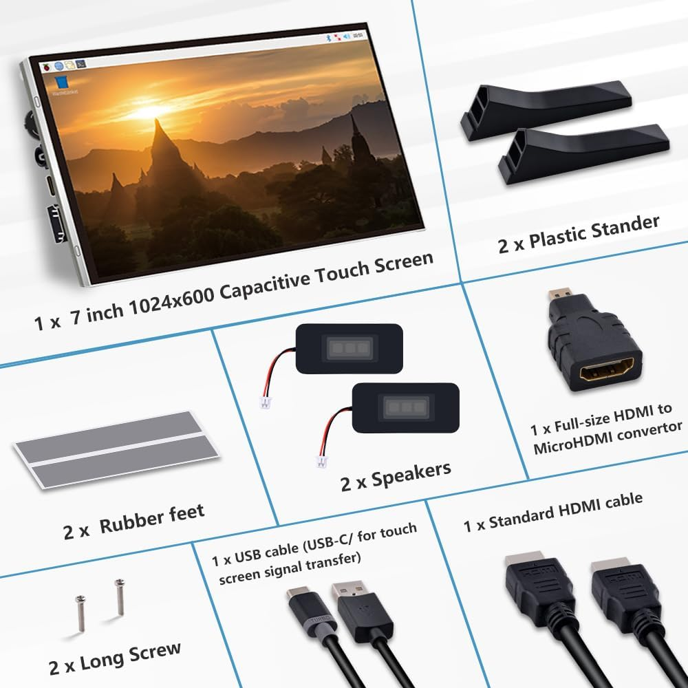 Geeekpi 7 Inch LCD Screen for Raspberry Pi, 1024X600 IPS LCD Display with Stand, HDMI Portable Monitor for Raspberry Pi 5/Pi 4B/3B+/3B/B+/Zero/400, Banana Pi M5/M2 Zero, Win11/10/8 (Touch Screen)