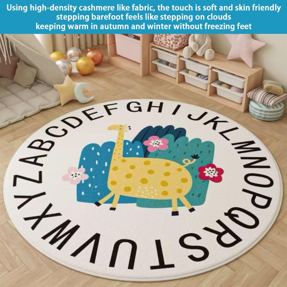 Giraffe round Area Play Mat, Alphabet Soft Area Rug, Cute Cartoon Fluffy Shaggy Carpet, Nonslip Modern Crawling Rug, Perfect for Bedroom Living Rooms Home Office ﻿