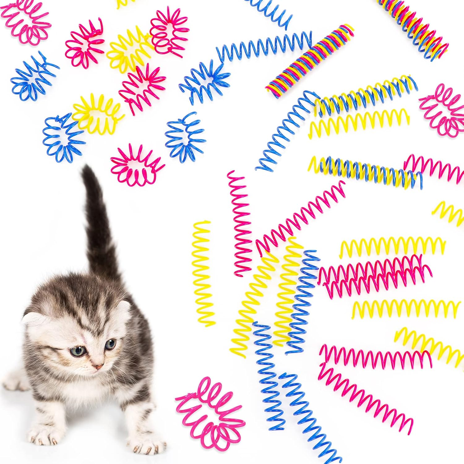 Charniol 60 Pcs 3 Inch Cat Spring Toys, Plastic Coil Spiral Springs Kitten Interactive Colorful Cat Toys for Indoor Swatting Biting Chasing, Active Healthy Fitness Play