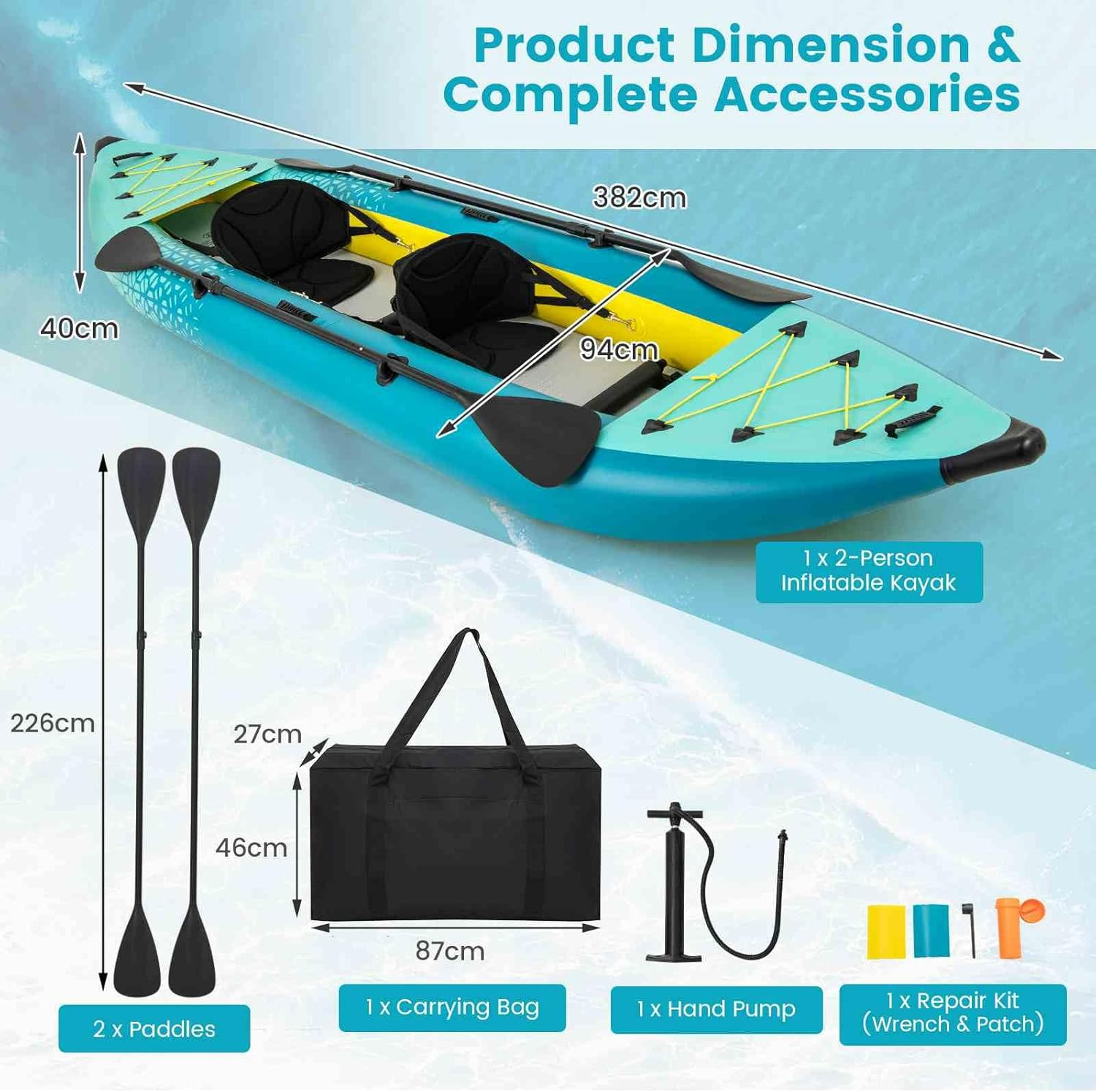 Costway Inflatable Kayak Set, 2-Person Kayak with Aluminium Oars, EVA Padded Seat, High Back Support, Hand Pump & Repair Kit, 230 Kg Weight Capacity, Portable Kayak with Carry Bag - Blue image number 2