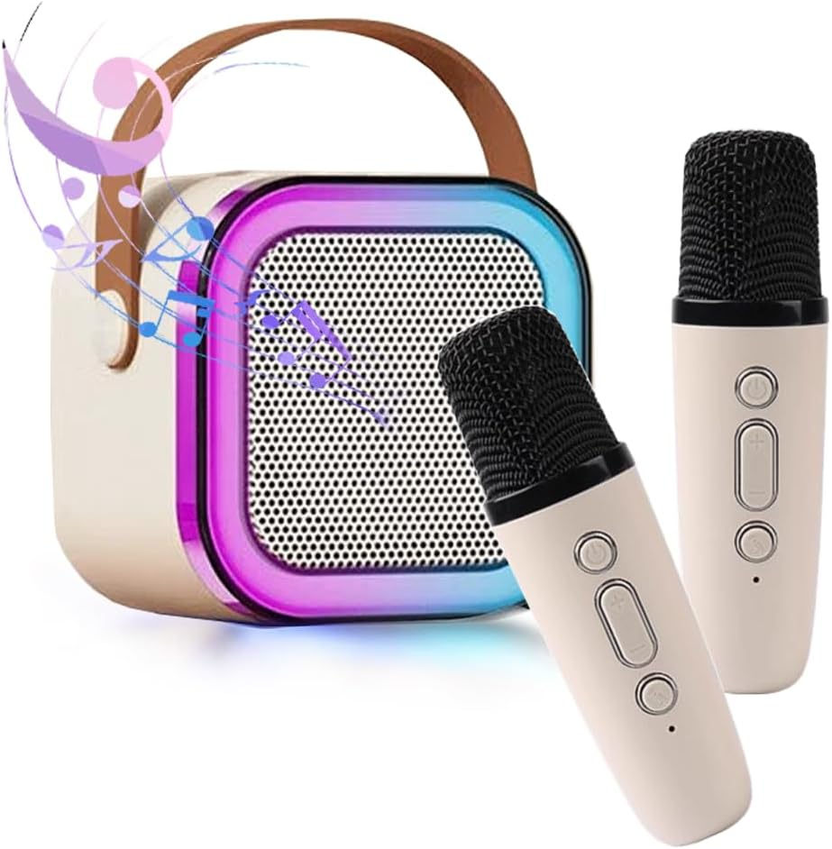 SUIJIEEN Karaoke Machine Bluetooth Portable Speaker with 2 Wireless Microphones LED Lights Birthday Gifts for Kids Adults Ages 4-12 Family Party（White）