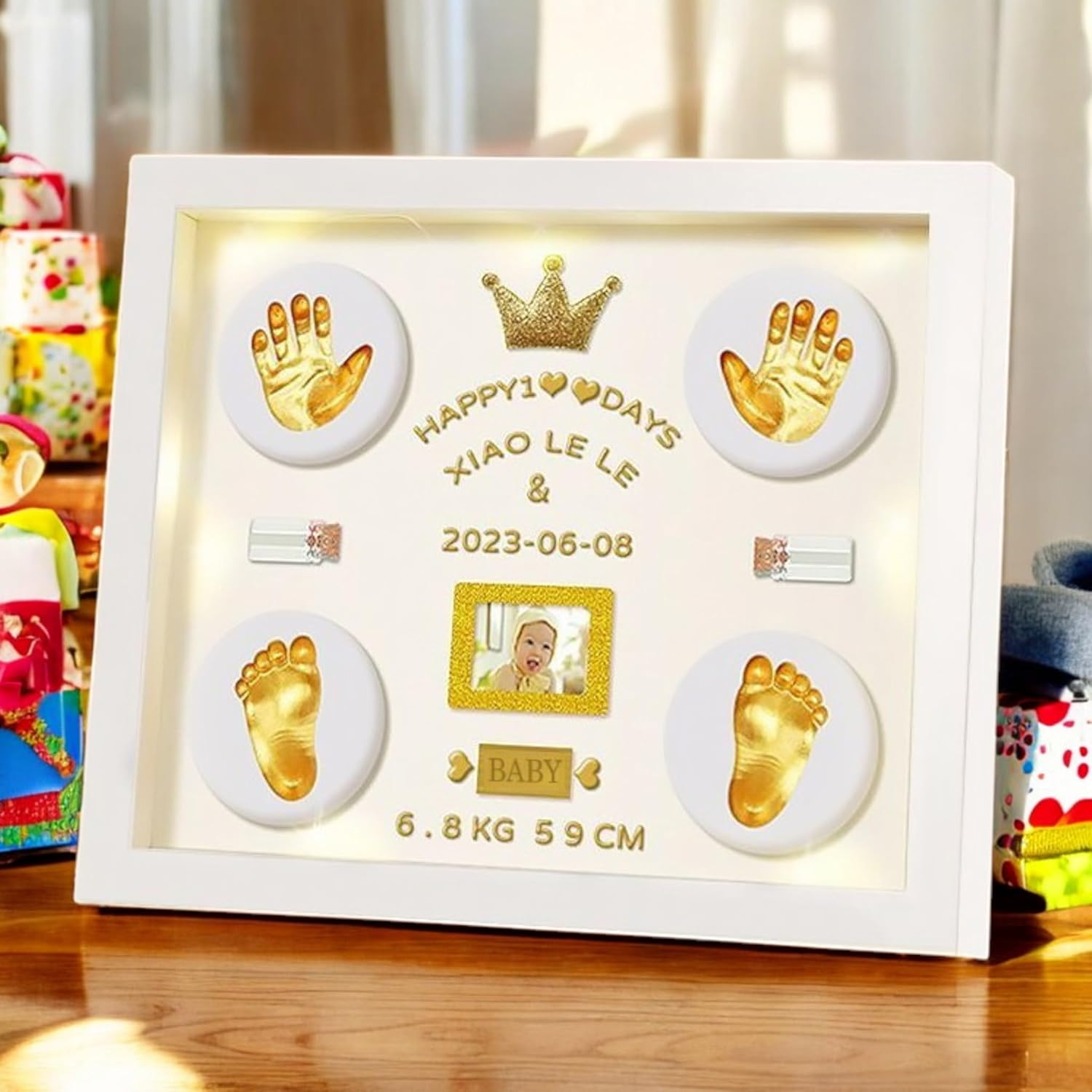 Mcstars Baby Handprint and Footprint Ink Pad Frame - Personalized Keepsake Kit with Gold Lettering and Organic Glass Display Perfect for Newborns Modern White Design Ideal Baby Memory Gift Nursery - Gold image number 7