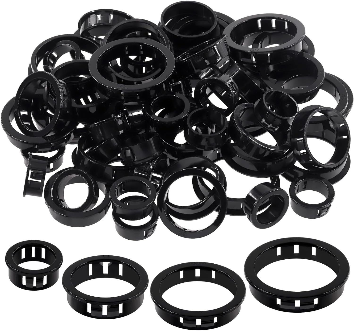 Tanstic 73Pcs 4 Sizes Cable Snap Bushing Grommets Kit, Black Nylon Snap in Cable Hose Bushing Grommet Protector, round Cable Snap Bushing Hole Plugs Locking Bushing- 1&rdquo;, 1-1/2&rdquo;, 1-3/4&rdquo;, 2&rdquo; image number 6